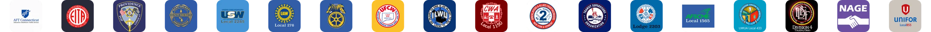 Logos of unions using UnionConnect: AFT Connecticut, East Islip Teachers, Fraternal Order of Police, KCDSA Deputy Sheriffs, United Steelworkers, United Auto Workers, Teamsters, UFCW, ILWU, CWA, BAC Bricklayers, TWU Transit Workers, IAM Machinists, AFSCME, UWUA Utility Workers, BLET Railroad Engineers, NAGE, Unifor