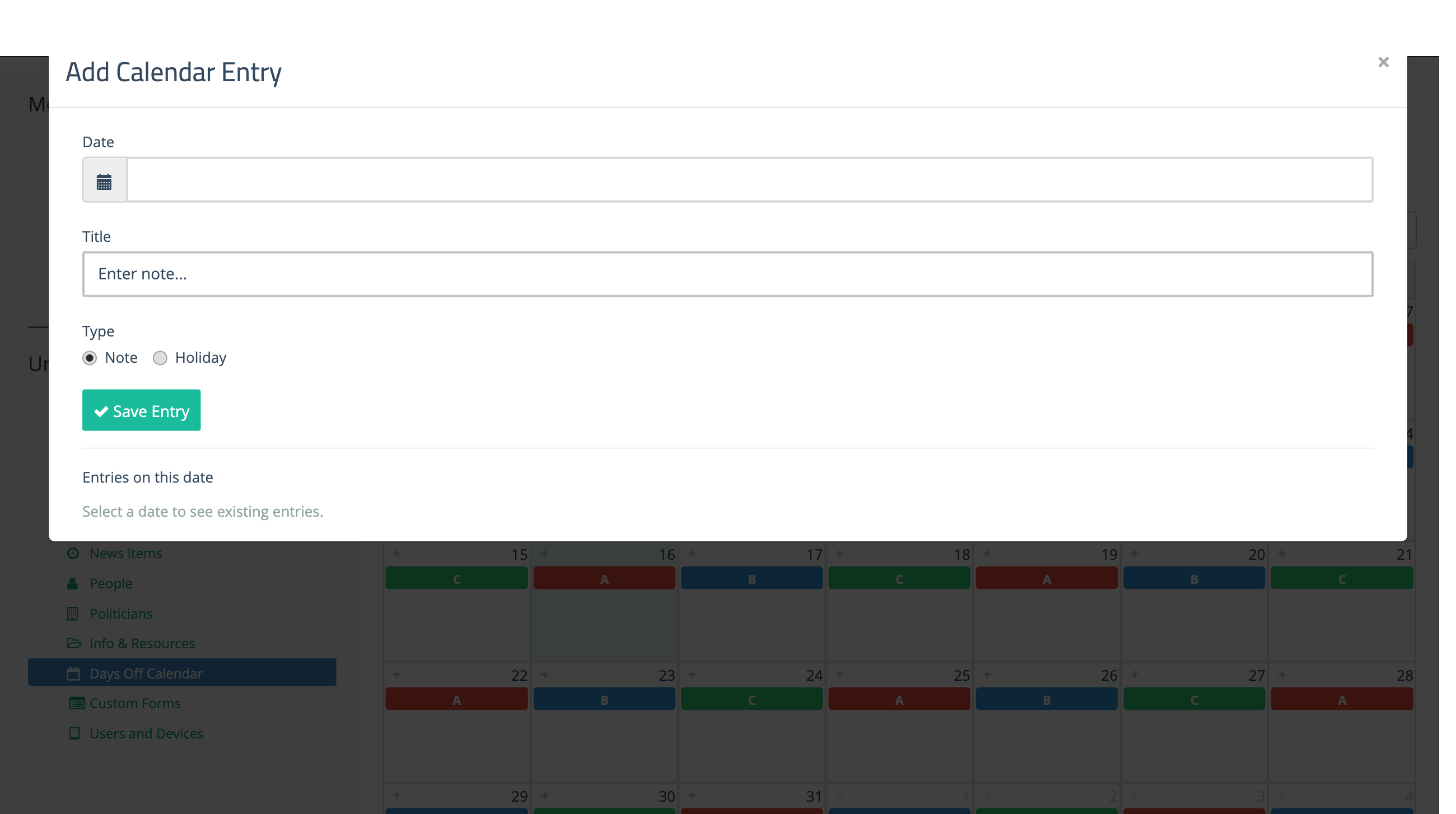 Add Calendar Entry modal with date, title, and type fields