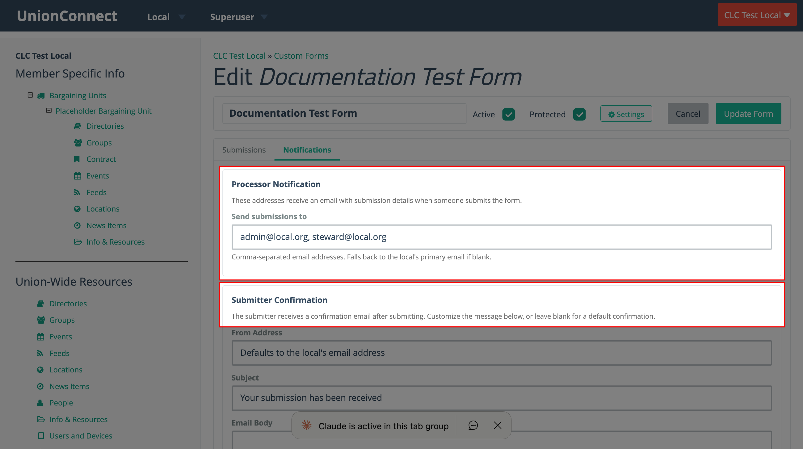 Notifications tab showing Processor Notification and Submitter Confirmation sections