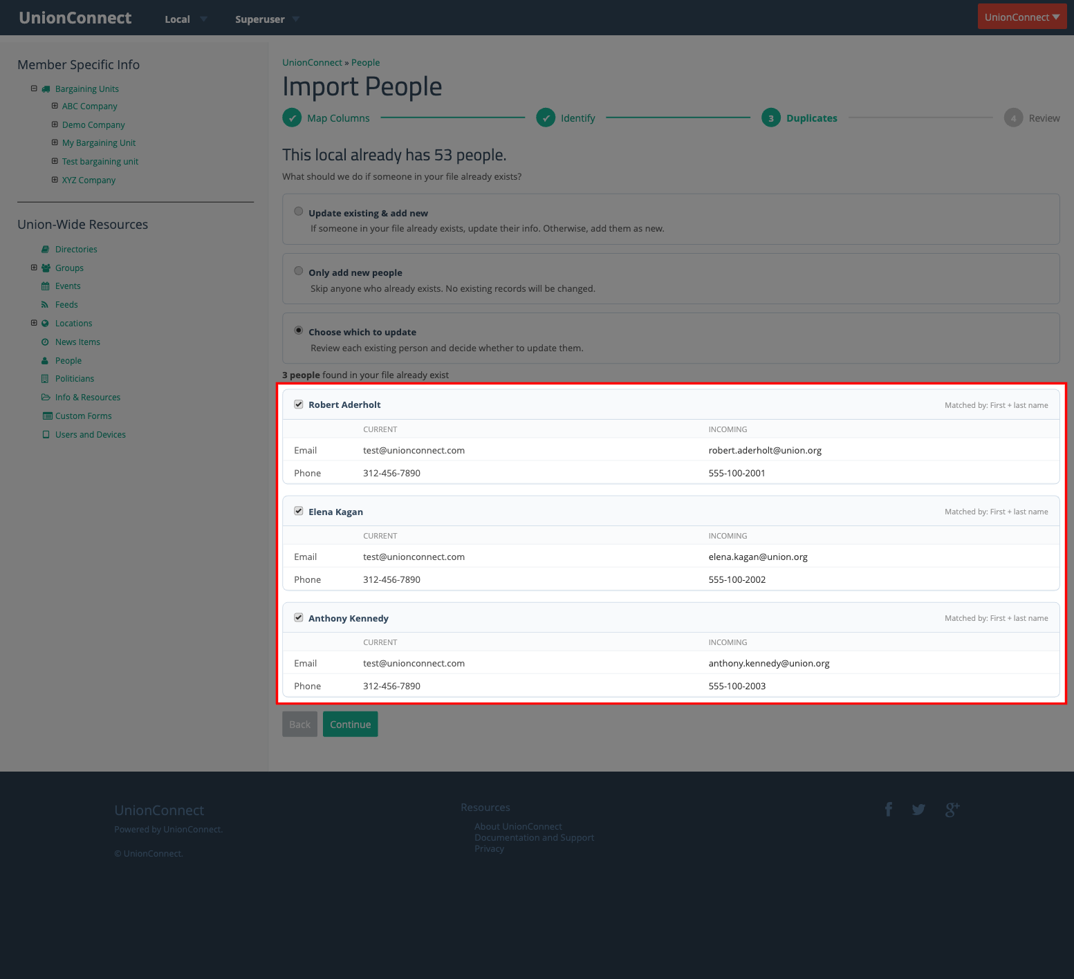 Diff cards showing current vs incoming values for matching people