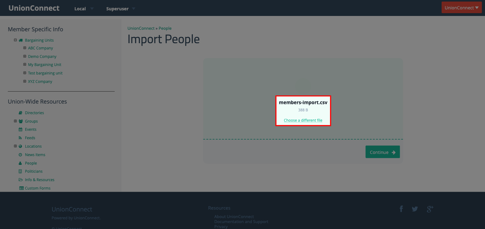 The upload area showing the selected file name and size