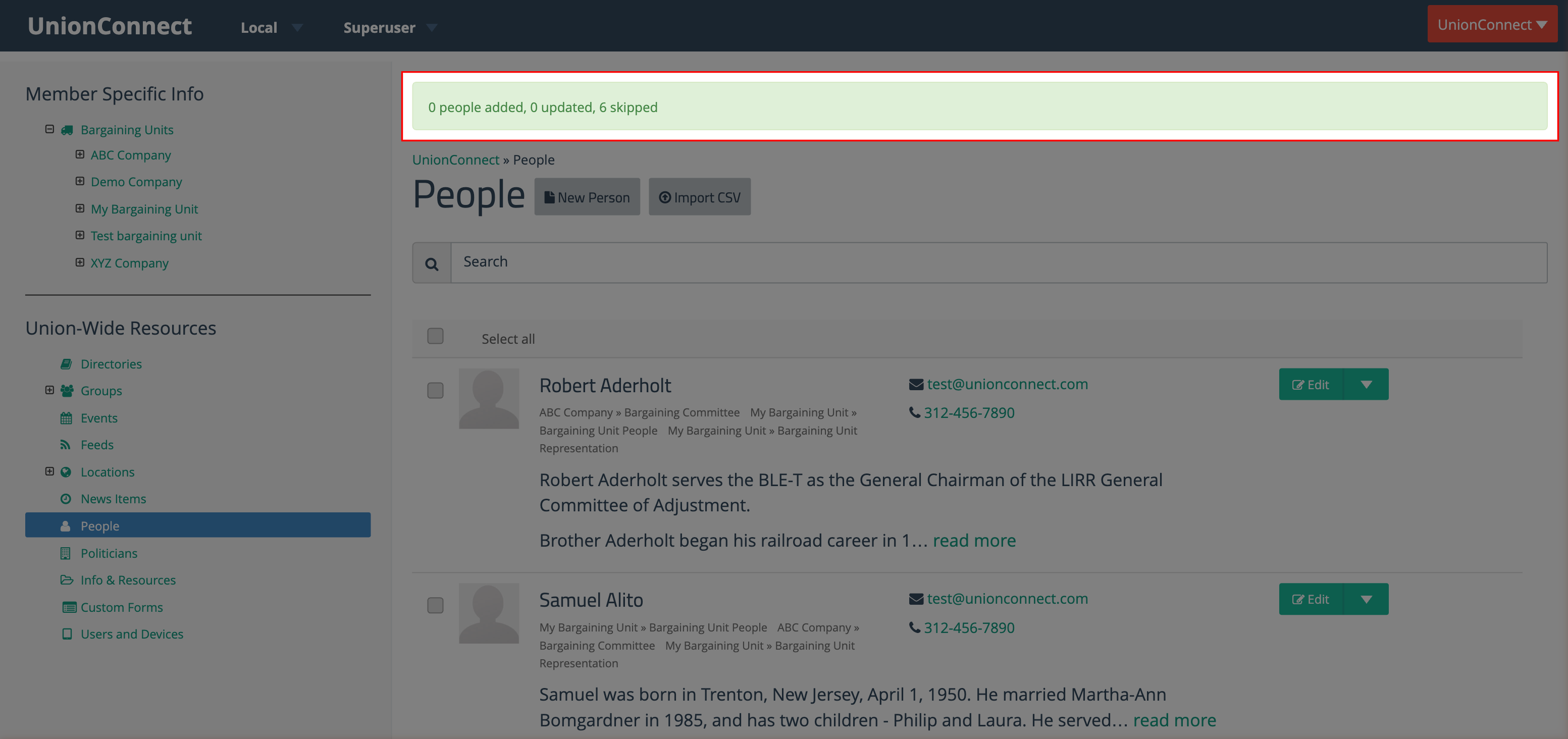 The green confirmation message showing import results