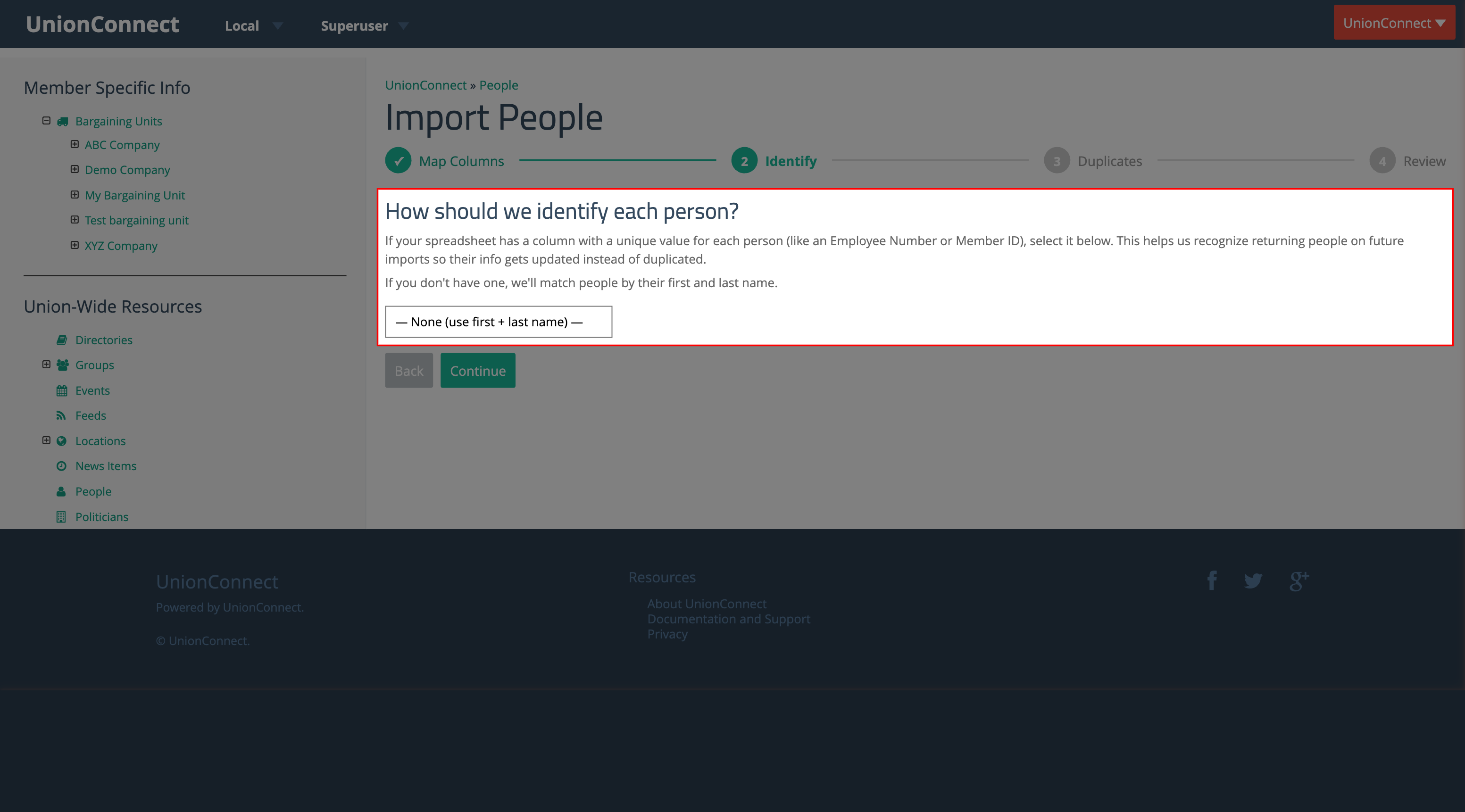 The Identify step with the identifier dropdown