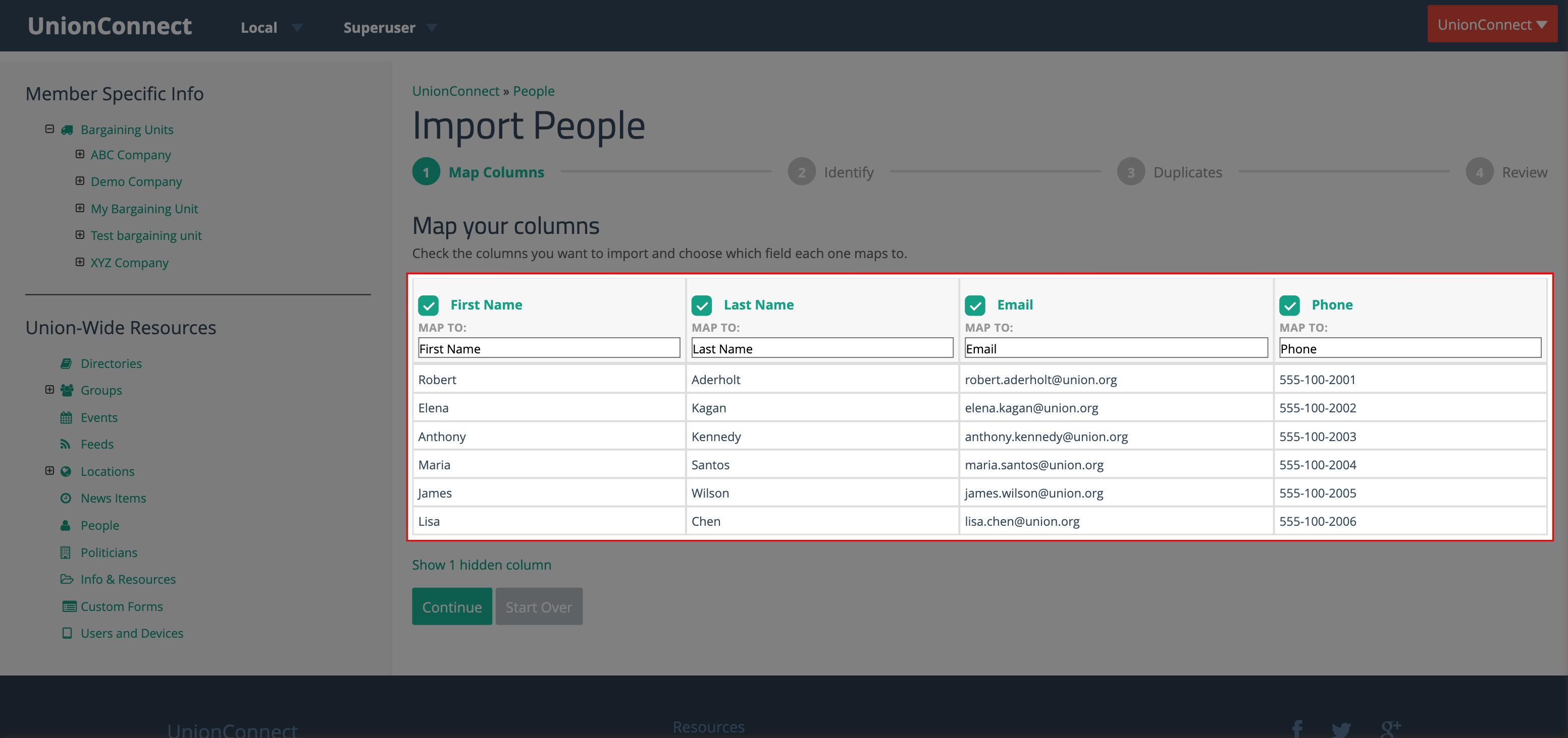 The column mapping table with checkboxes and dropdowns