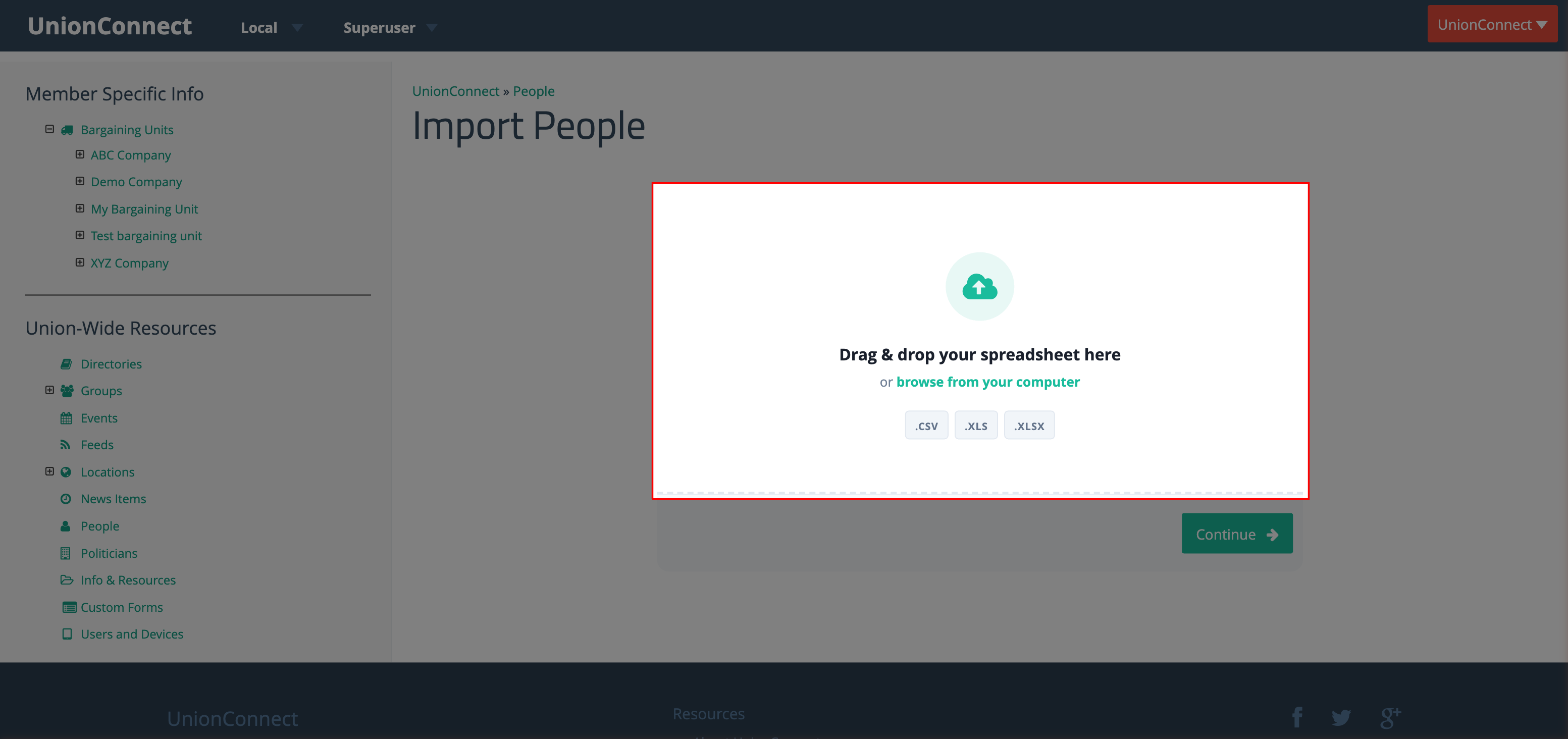The drag-and-drop upload area for importing a spreadsheet