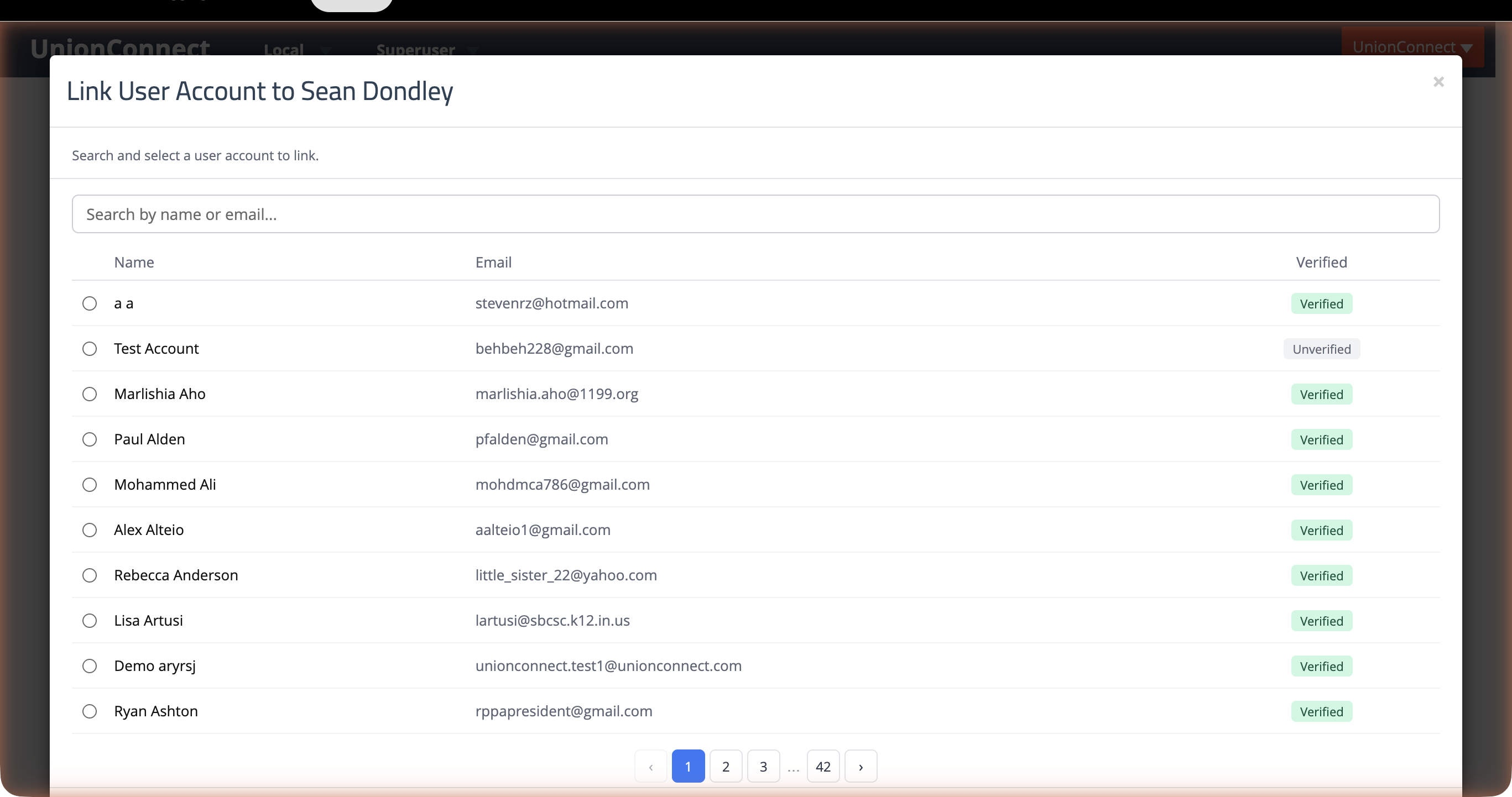 The Link User Account modal showing a searchable list of users