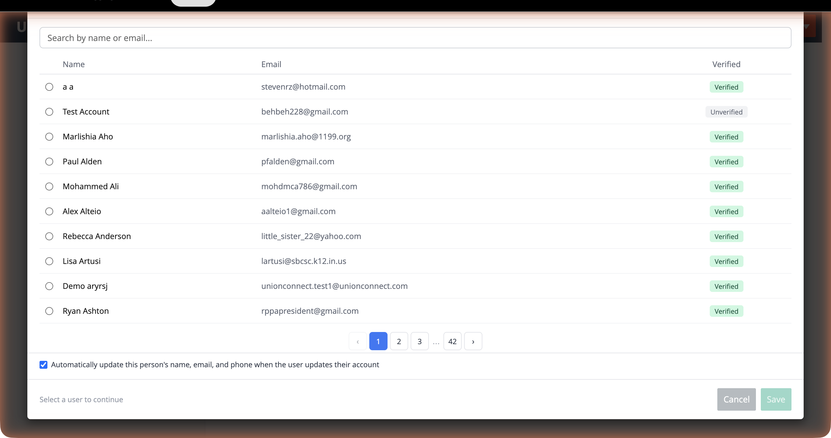 The bottom of the Link User Account modal showing the sync checkbox and Save button