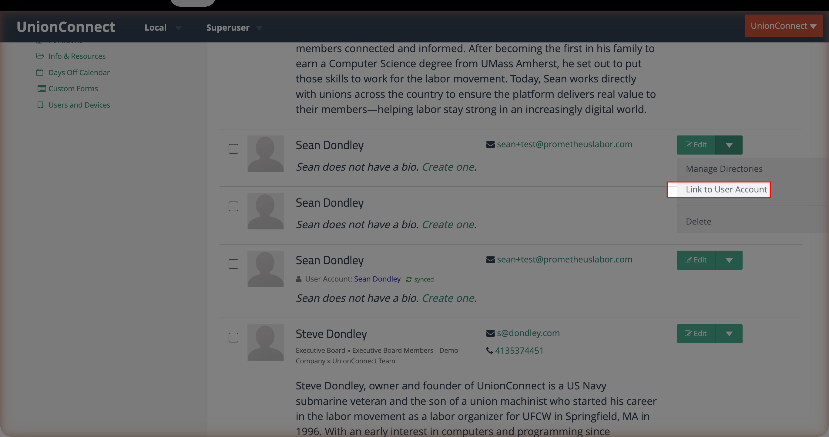 The person dropdown menu with Link to User Account highlighted