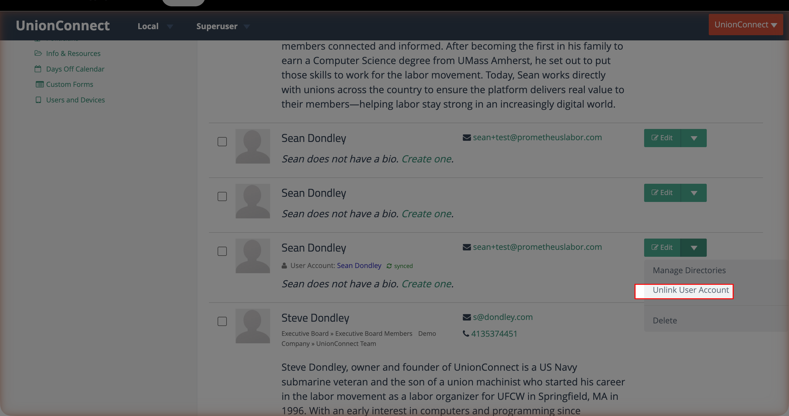 The person dropdown menu with Unlink User Account highlighted