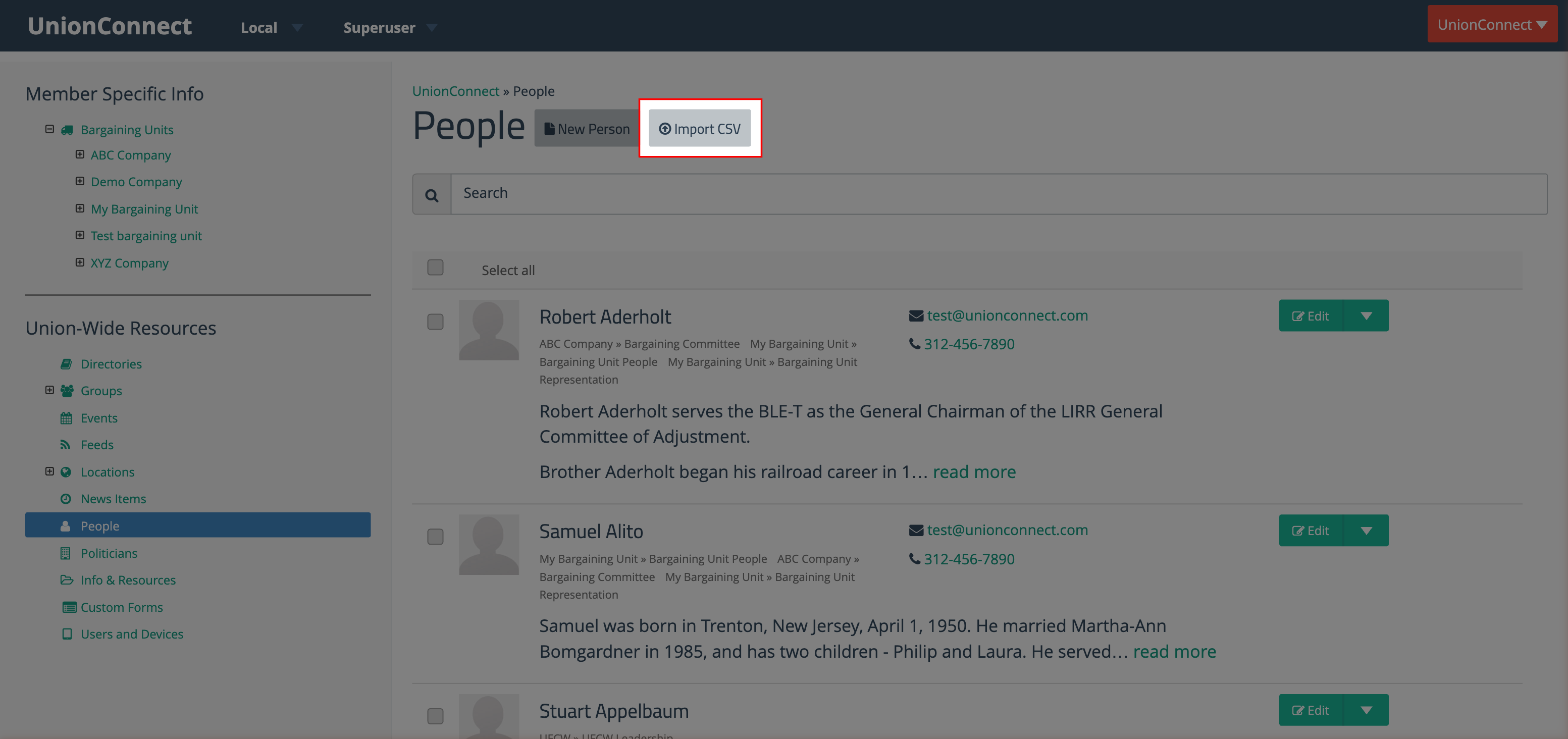 The People page with the Import CSV button highlighted