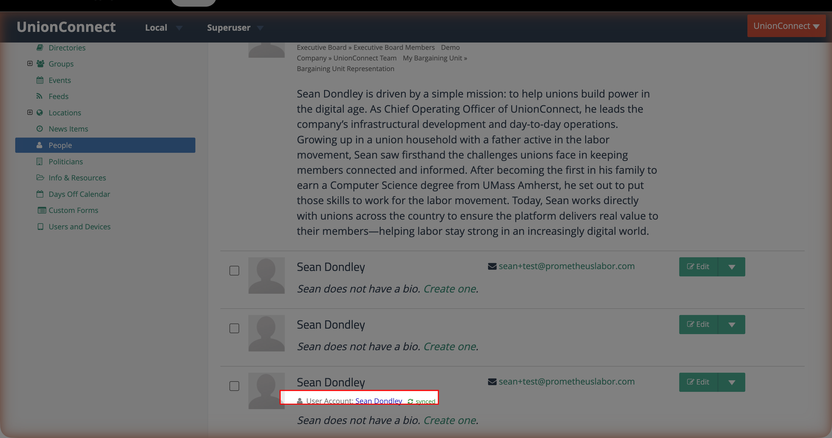 A person entry showing the User Account link and synced badge highlighted with a red box