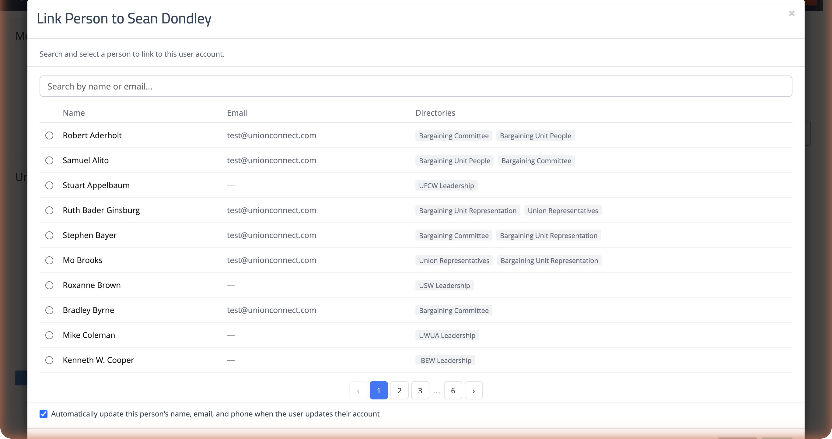 The Link Person modal showing a searchable list of people entries