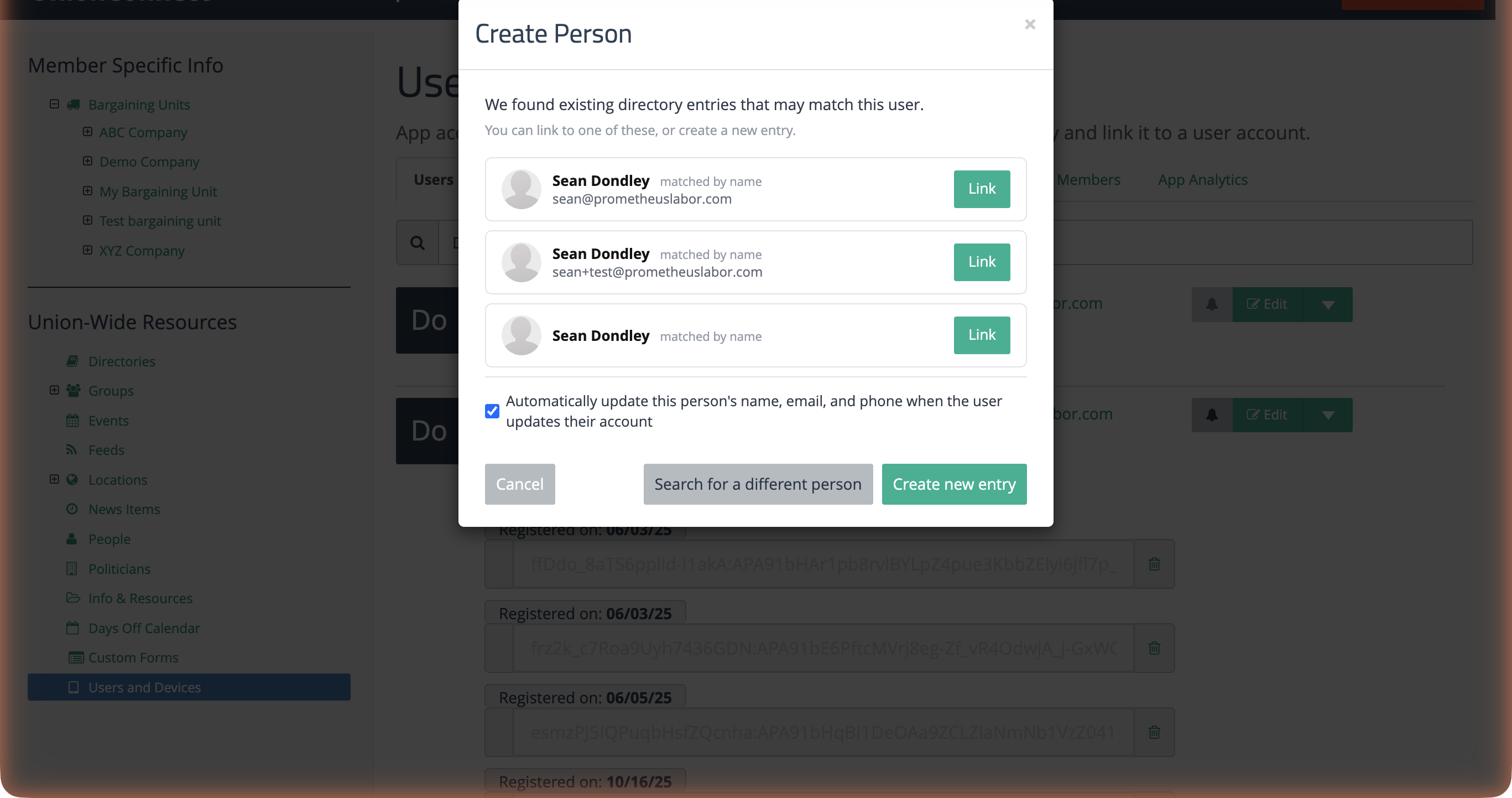 The Link Person modal showing matching directory entries with Link buttons