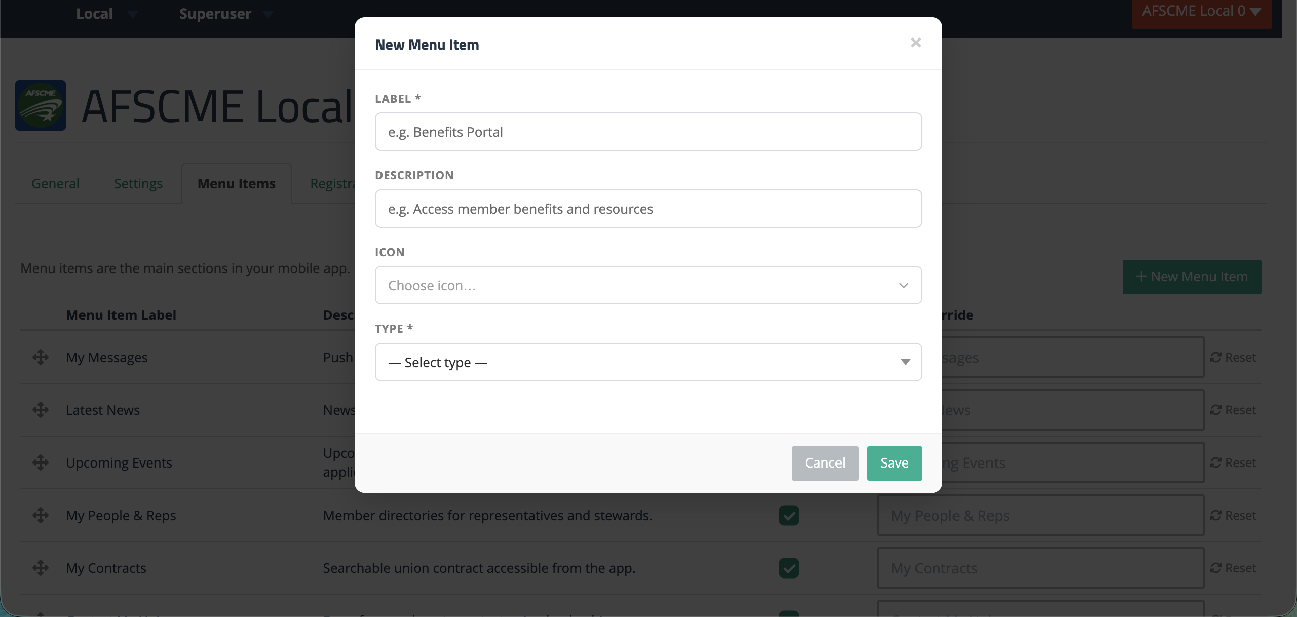 Empty New Menu Item modal with Label, Description, Icon, and Type fields