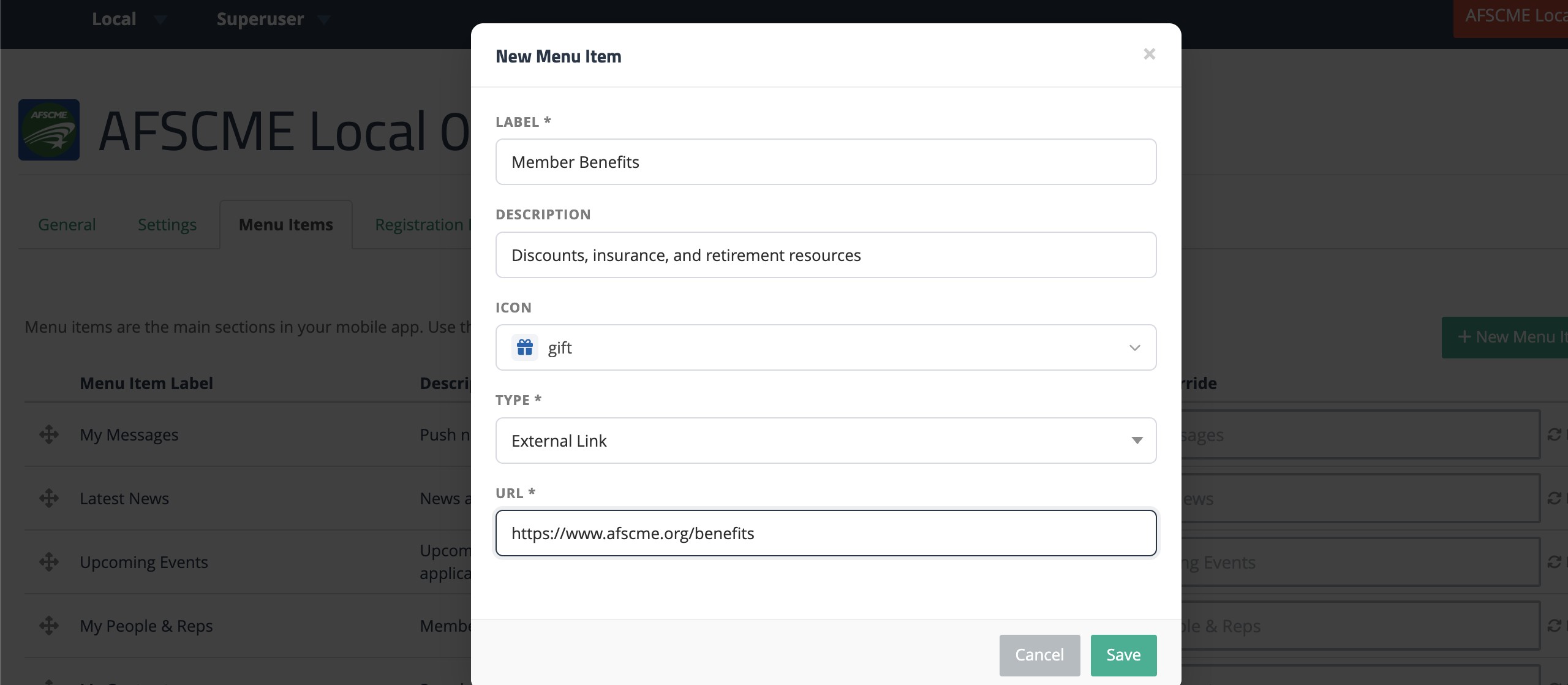 Menu item modal filled in with Member Benefits label, gift icon, External Link type, and afscme.org benefits URL
