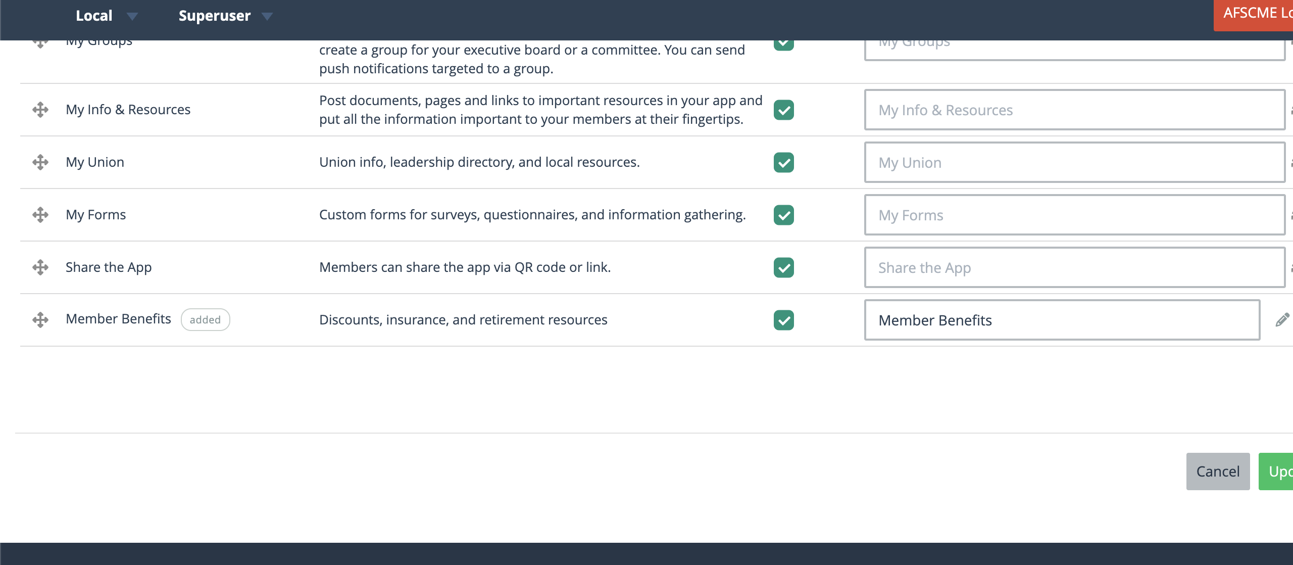 Member Benefits custom menu item row with added tag, pencil edit icon, and trash delete icon