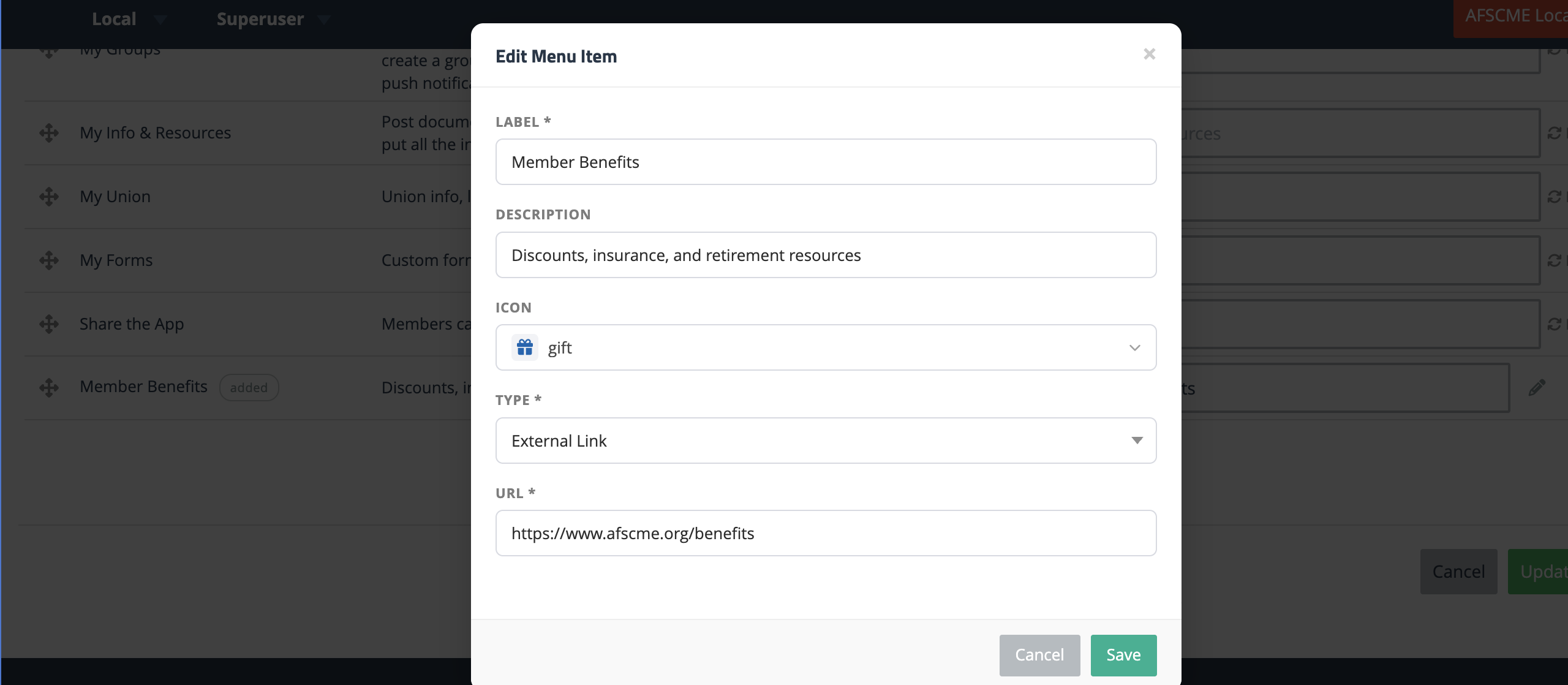 Edit Menu Item modal pre-filled with the Member Benefits item's values