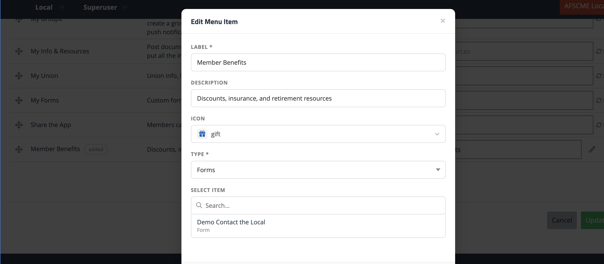 Menu item modal with Forms type selected and a list of forms to choose from