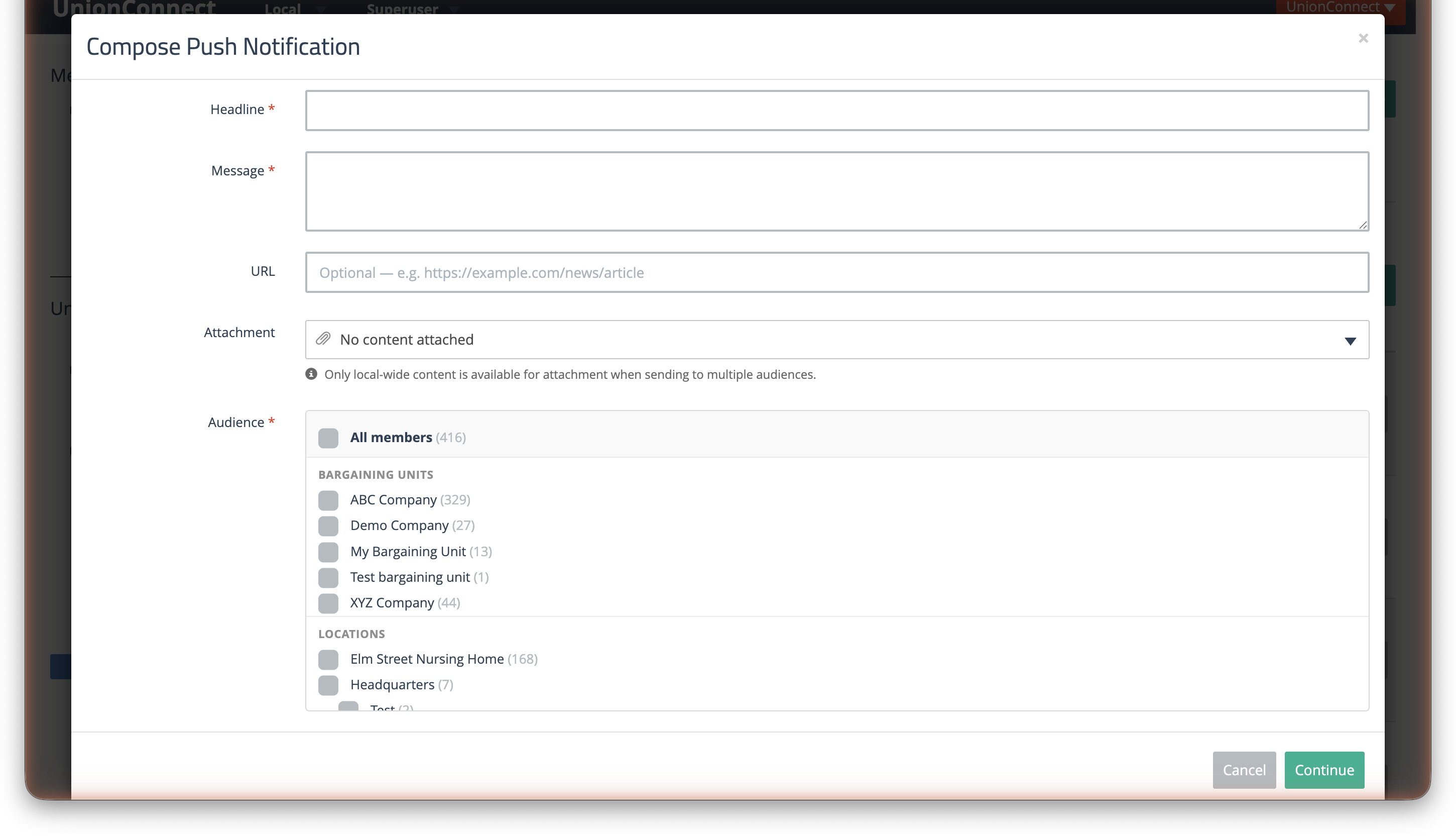 Compose Push Notification Step 1 showing Headline, Message, URL, Attachment, and Audience fields with bargaining units, locations, and groups