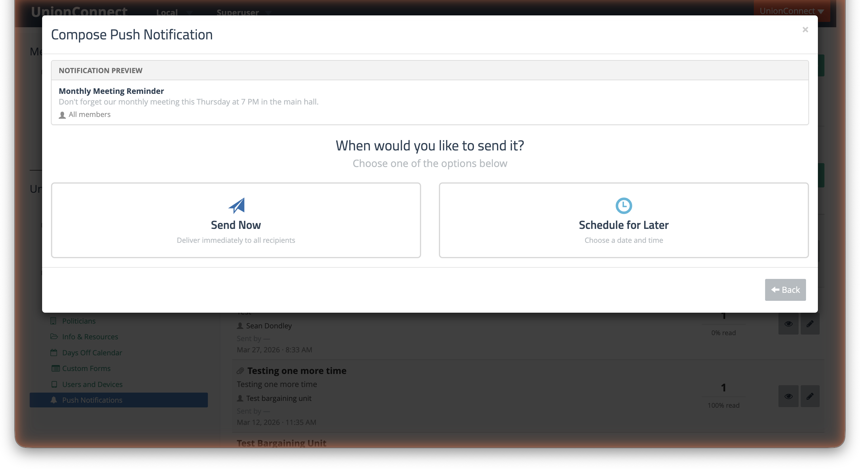 Compose Push Notification Step 2 showing a notification preview and Send Now or Schedule for Later options