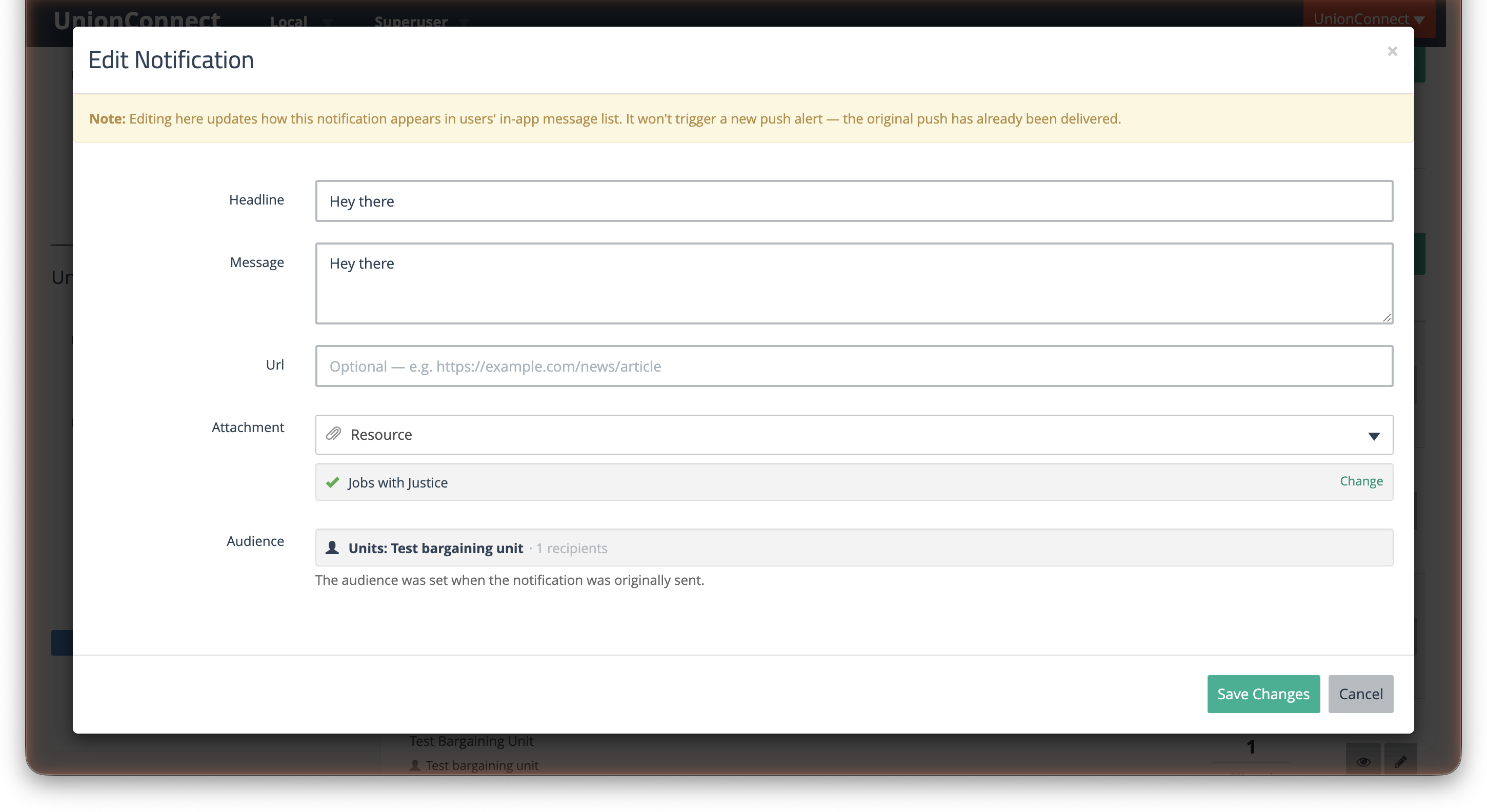 Edit Notification modal with fields for Headline, Message, URL, Attachment, and read-only Audience