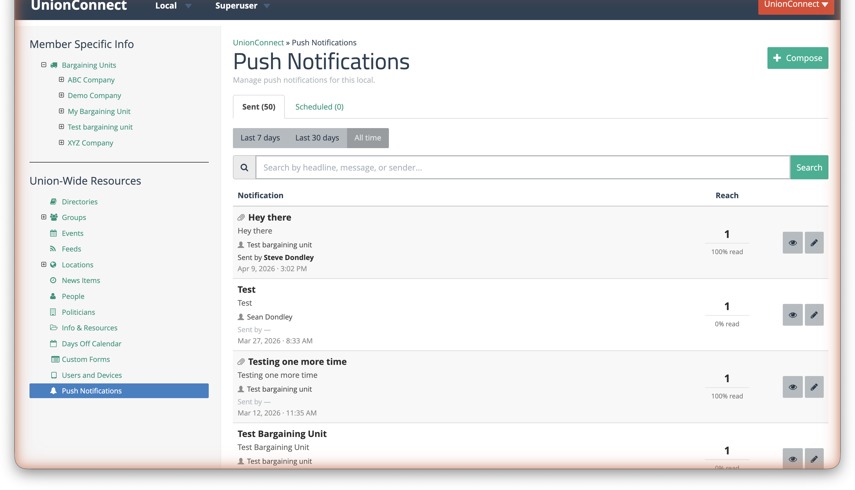 Push Notifications Hub showing the Sent tab with a list of sent notifications, search bar, date range filters, and Compose button