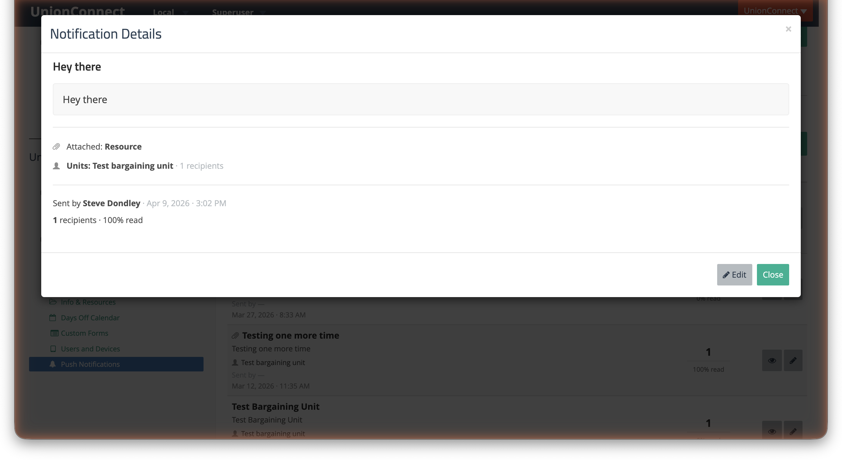 Notification Details modal showing headline, message, attached content, audience, sender, and read stats