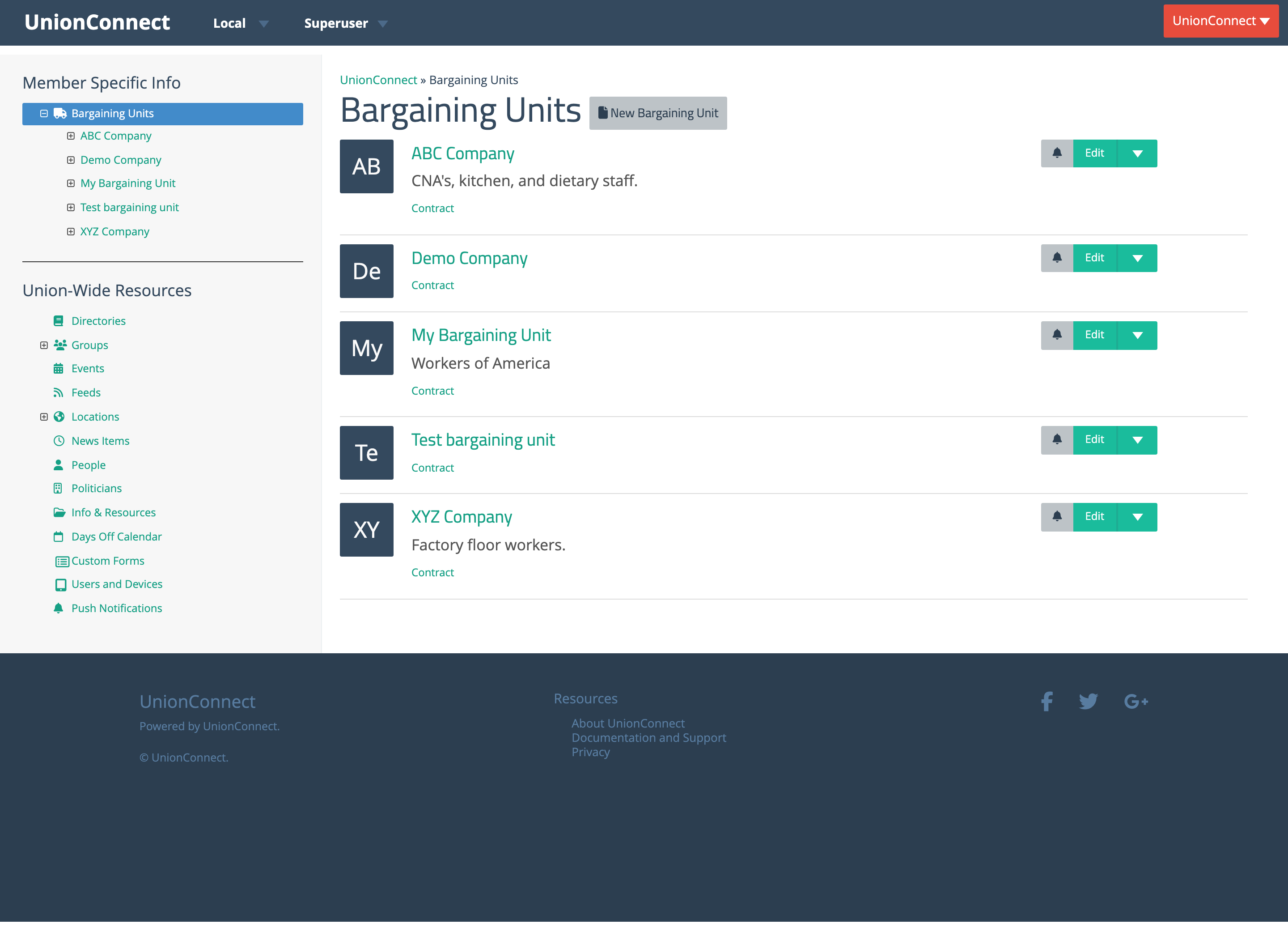 Bargaining Units list with a bell icon next to each unit's Edit button