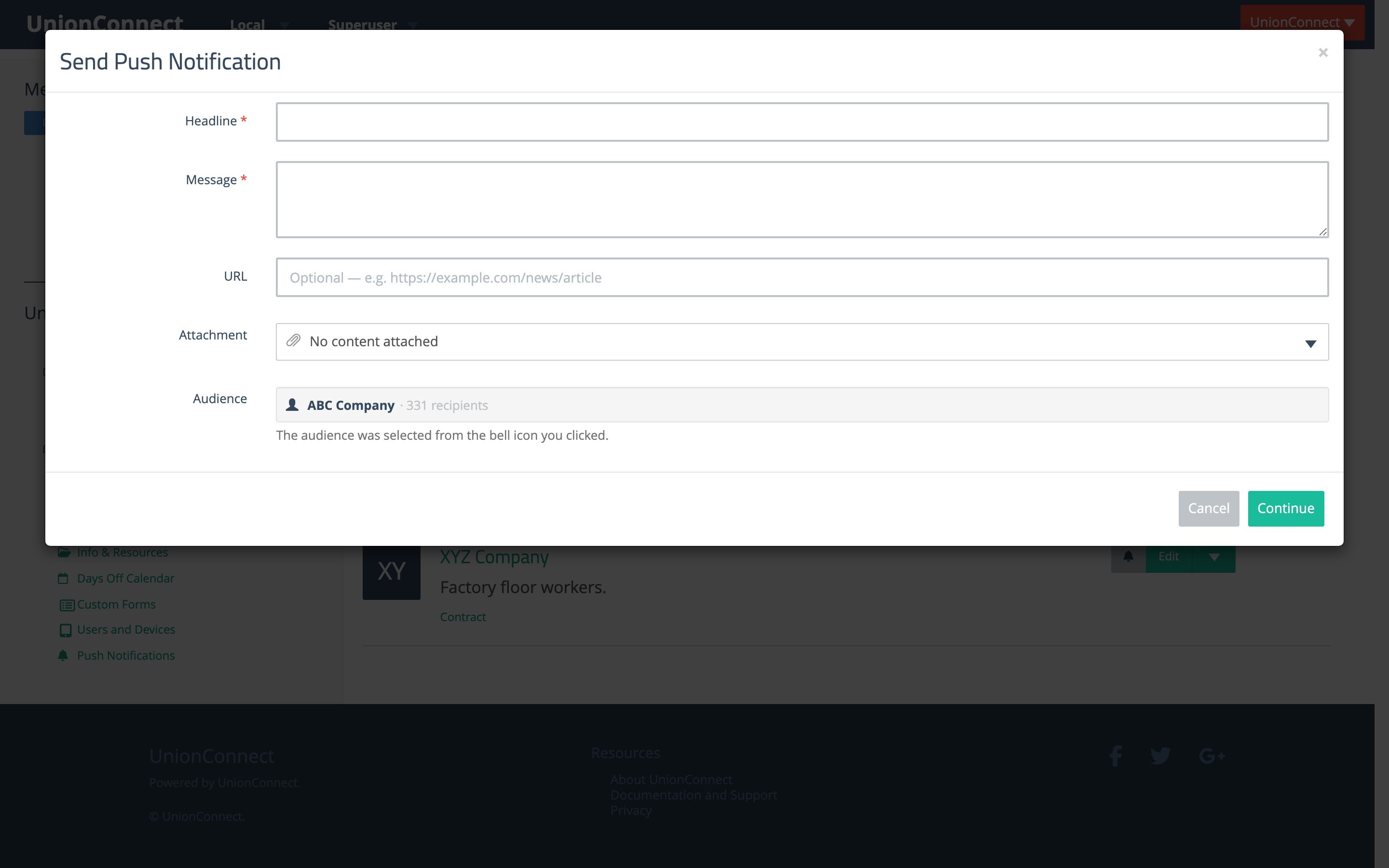 Send Push Notification modal with the bargaining unit pre-set as the audience