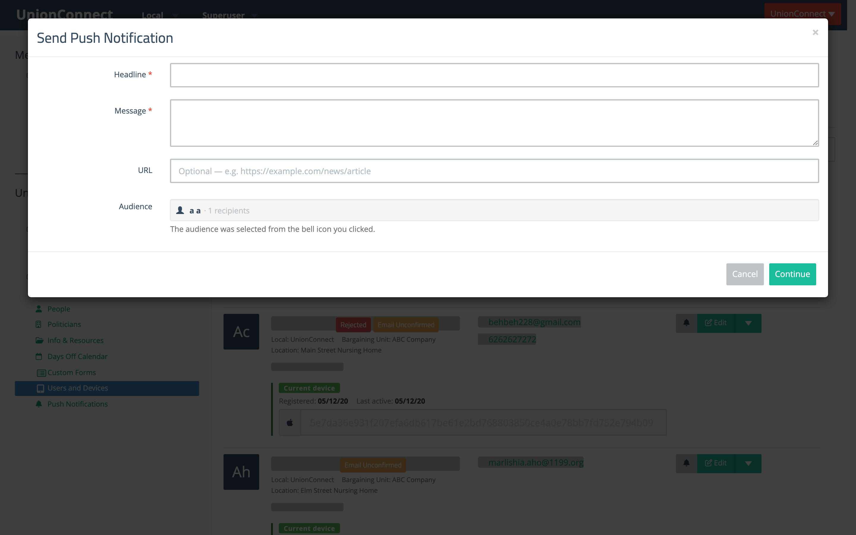 Send Push Notification modal with Headline, Message, URL, Attachment, and the selected member as the audience