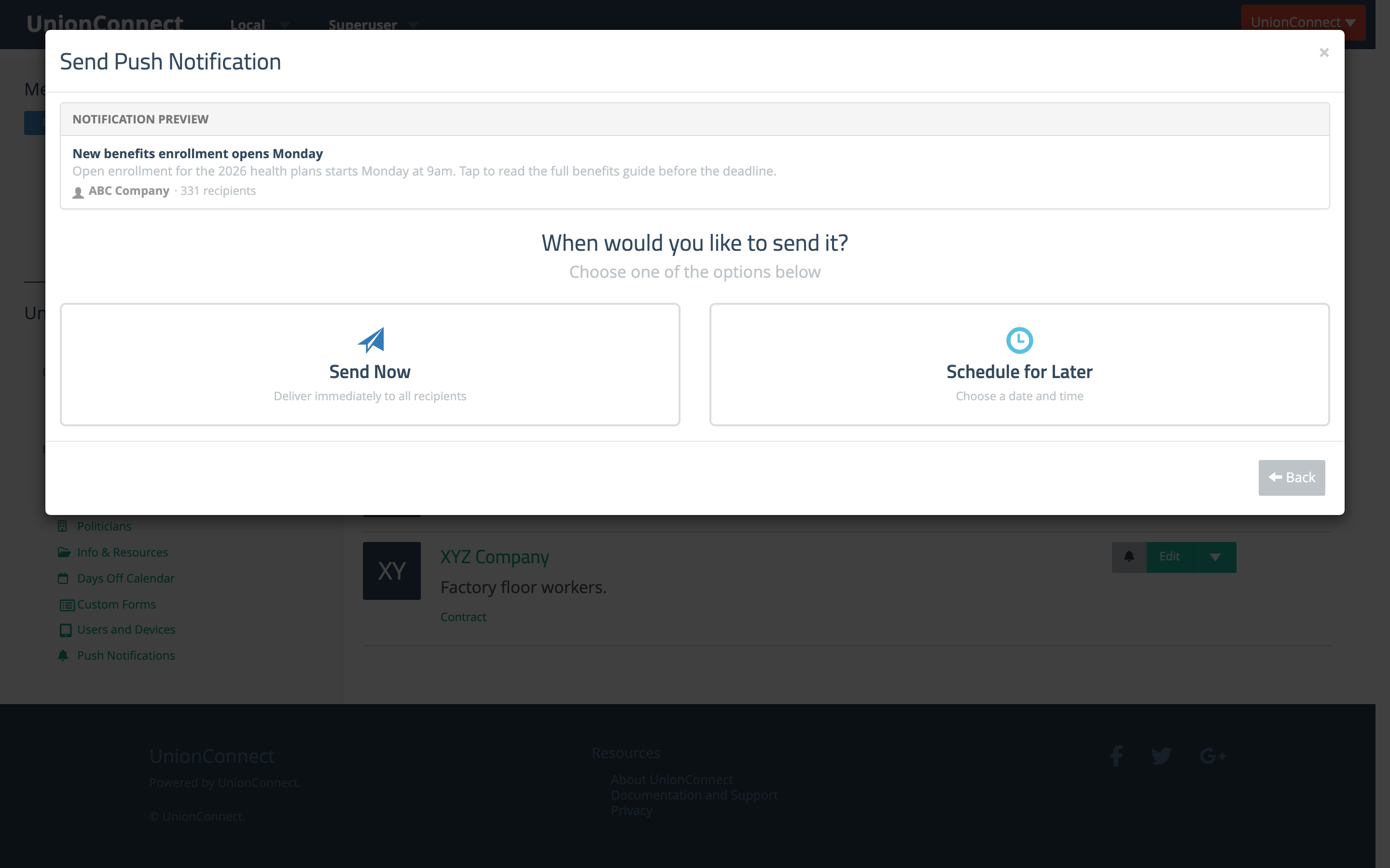 Step 2 showing Send Now and Schedule for Later with a notification preview