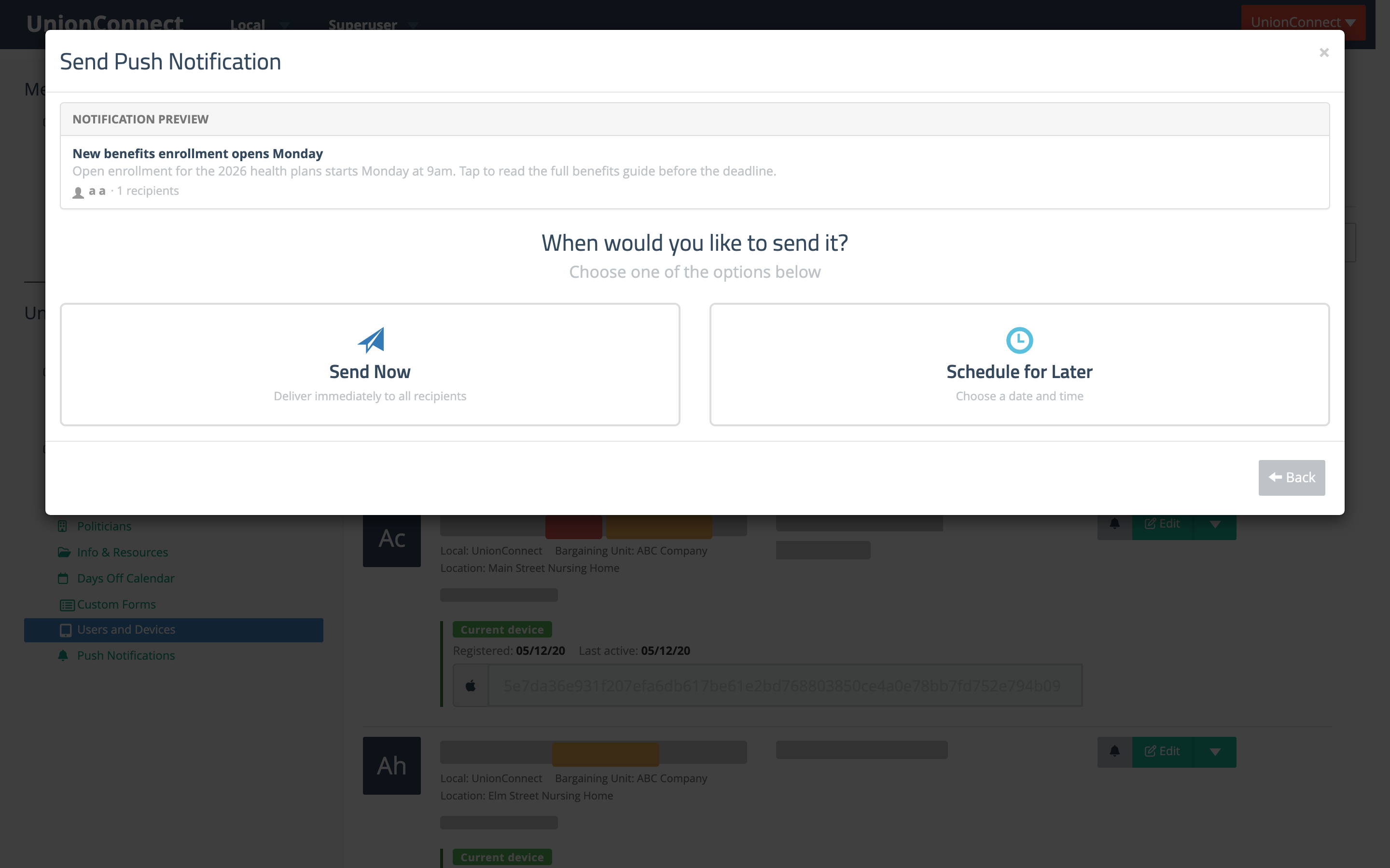 Step 2 showing the Send Now and Schedule for Later choices with a notification preview