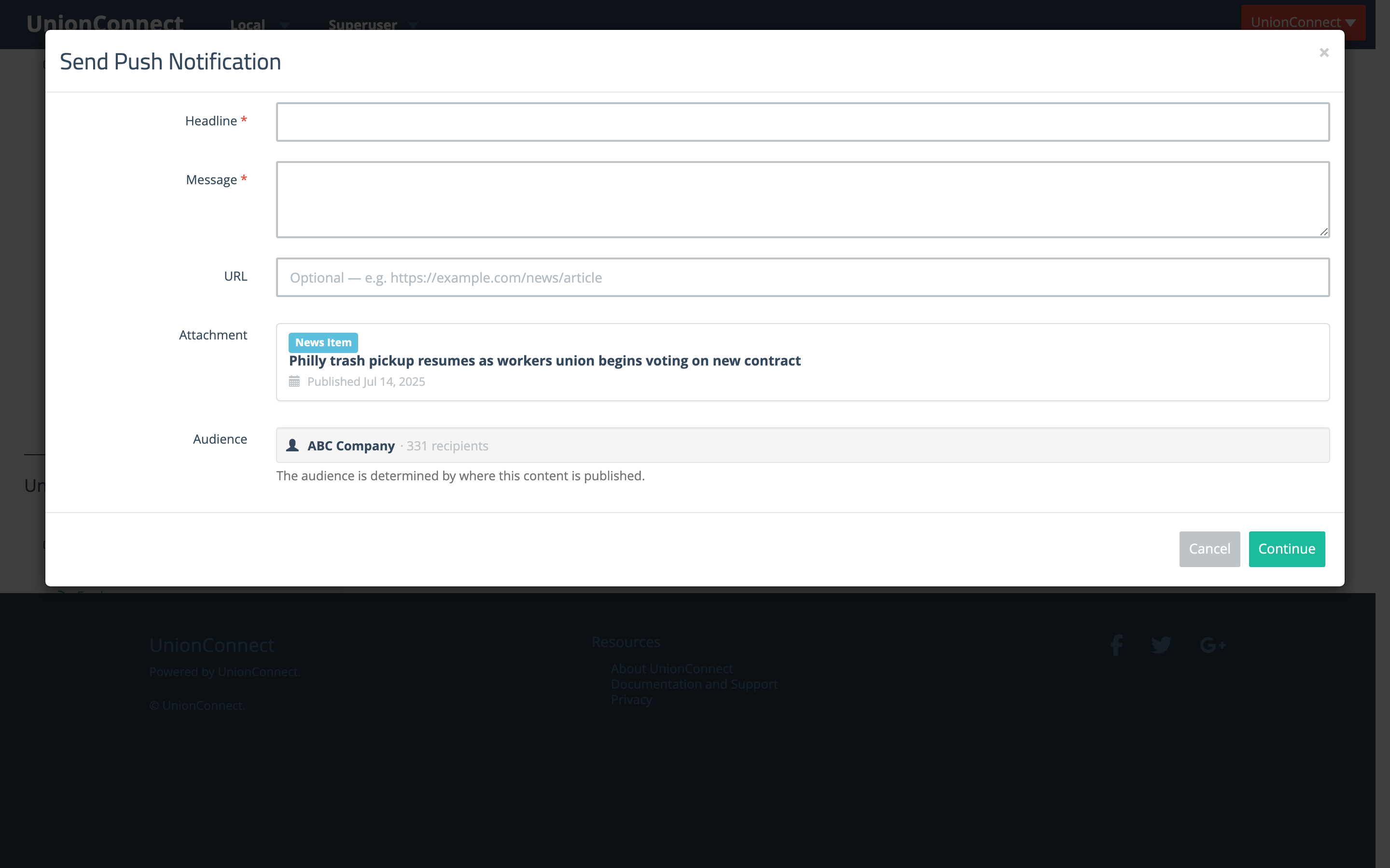 Send Push Notification modal with a pre-attached news item and the audience set automatically
