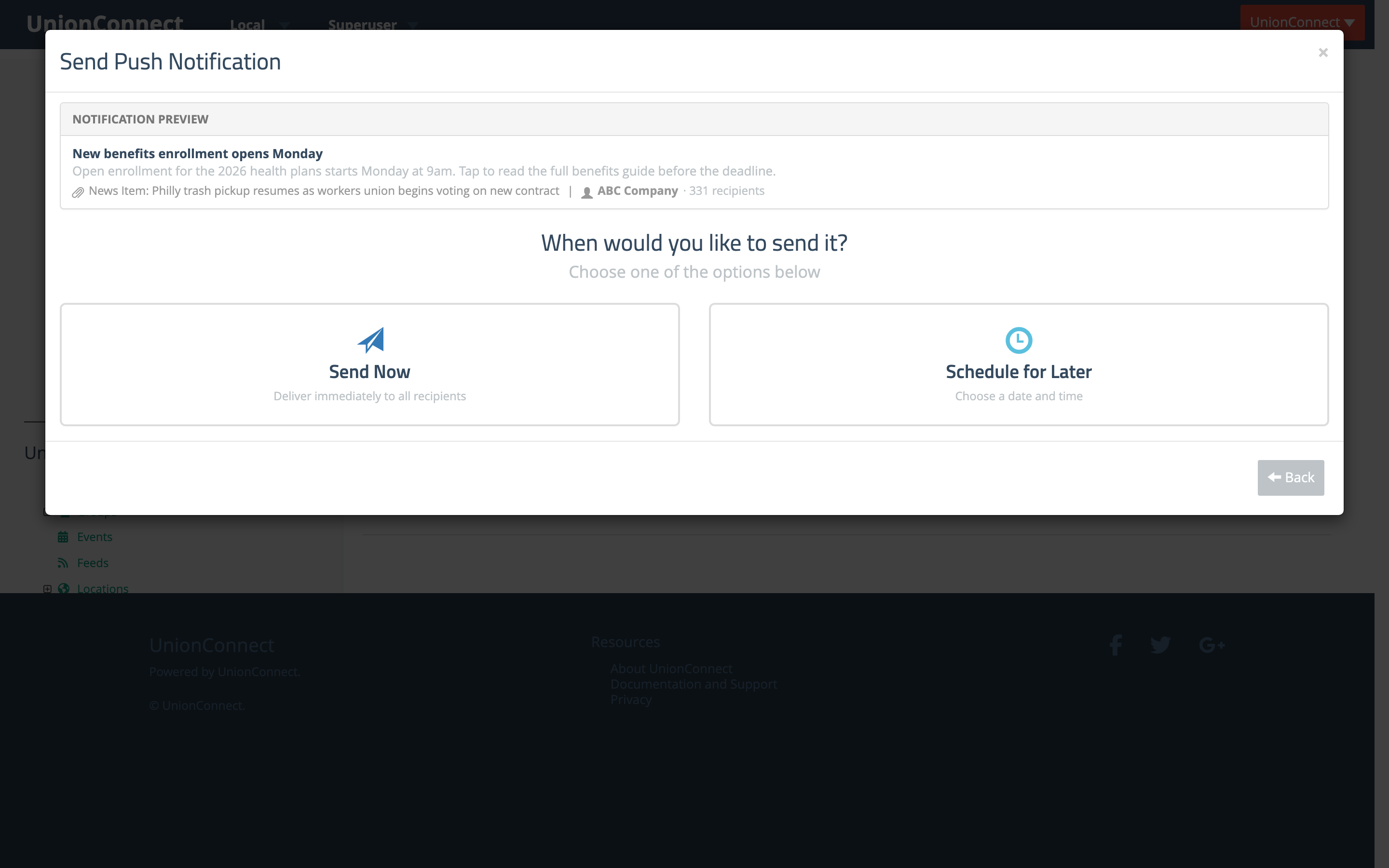 Step 2 showing Send Now and Schedule for Later with a notification preview that includes the attached content
