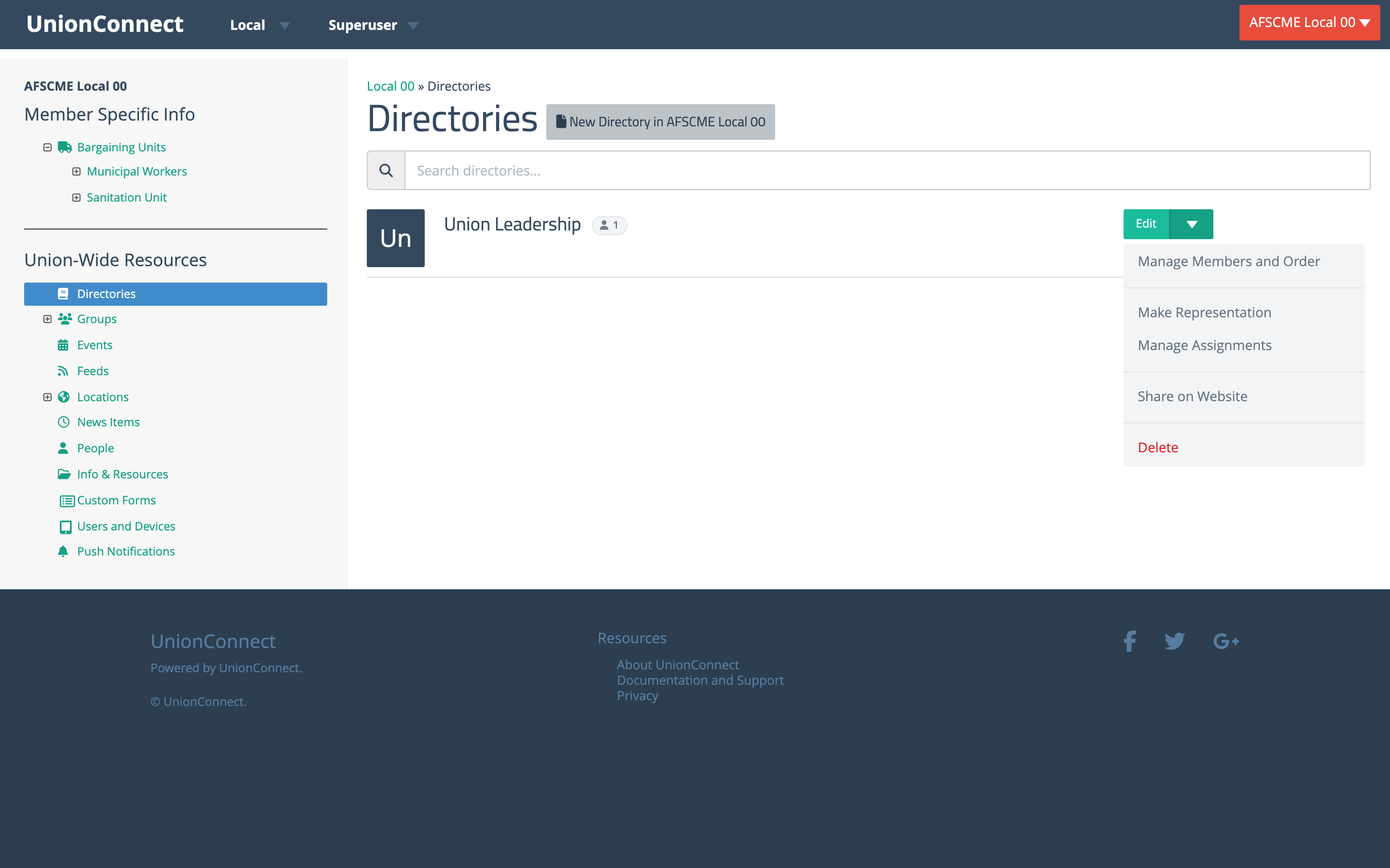 The directory row dropdown showing Manage Members and Order, Make Representation, Manage Assignments, Share on Website, and Delete