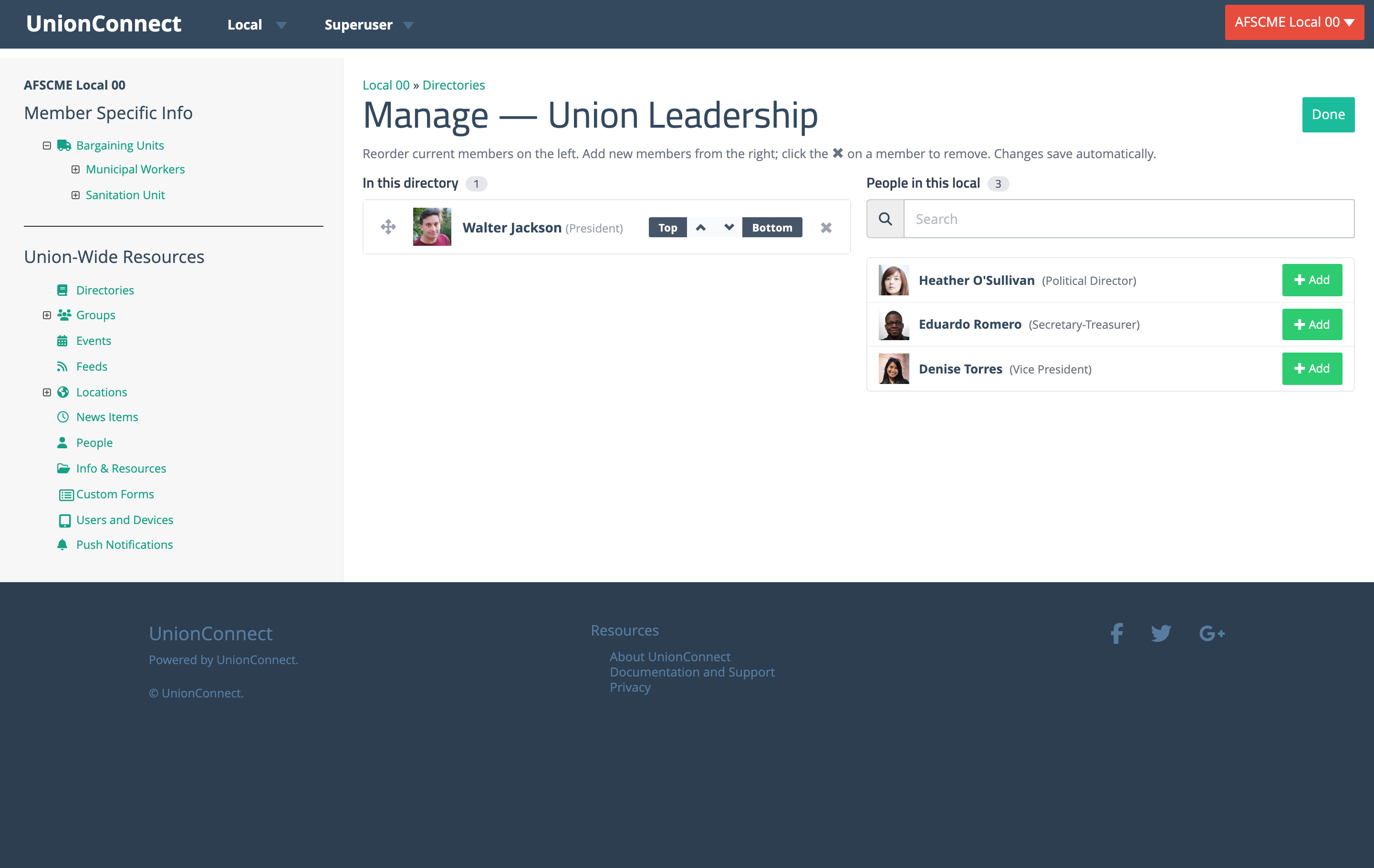 The Manage page with current members on the left, addable people on the right, and a Done button in the upper right