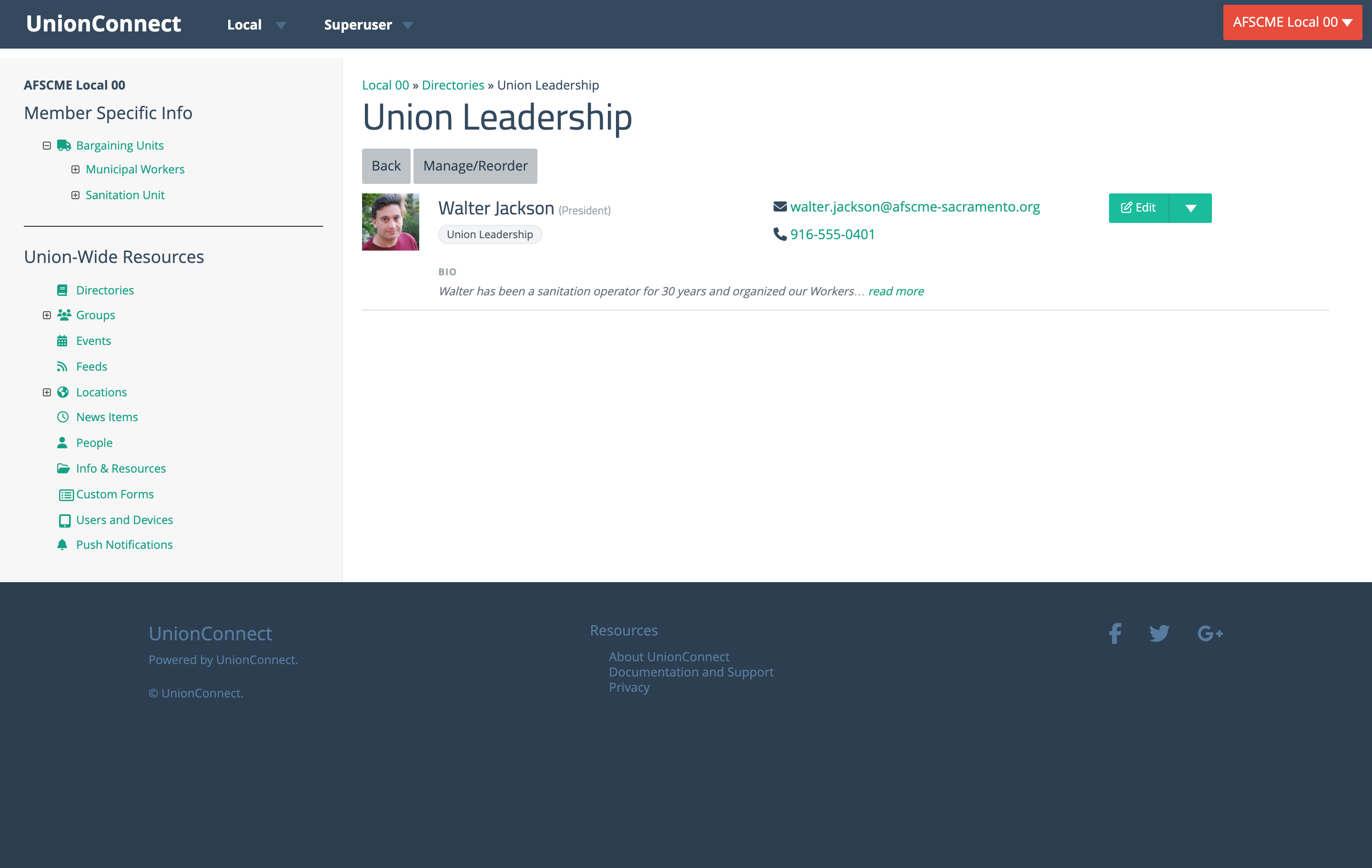 A directory's read-only view showing each person's photo, name, position title, email, phone, and bio