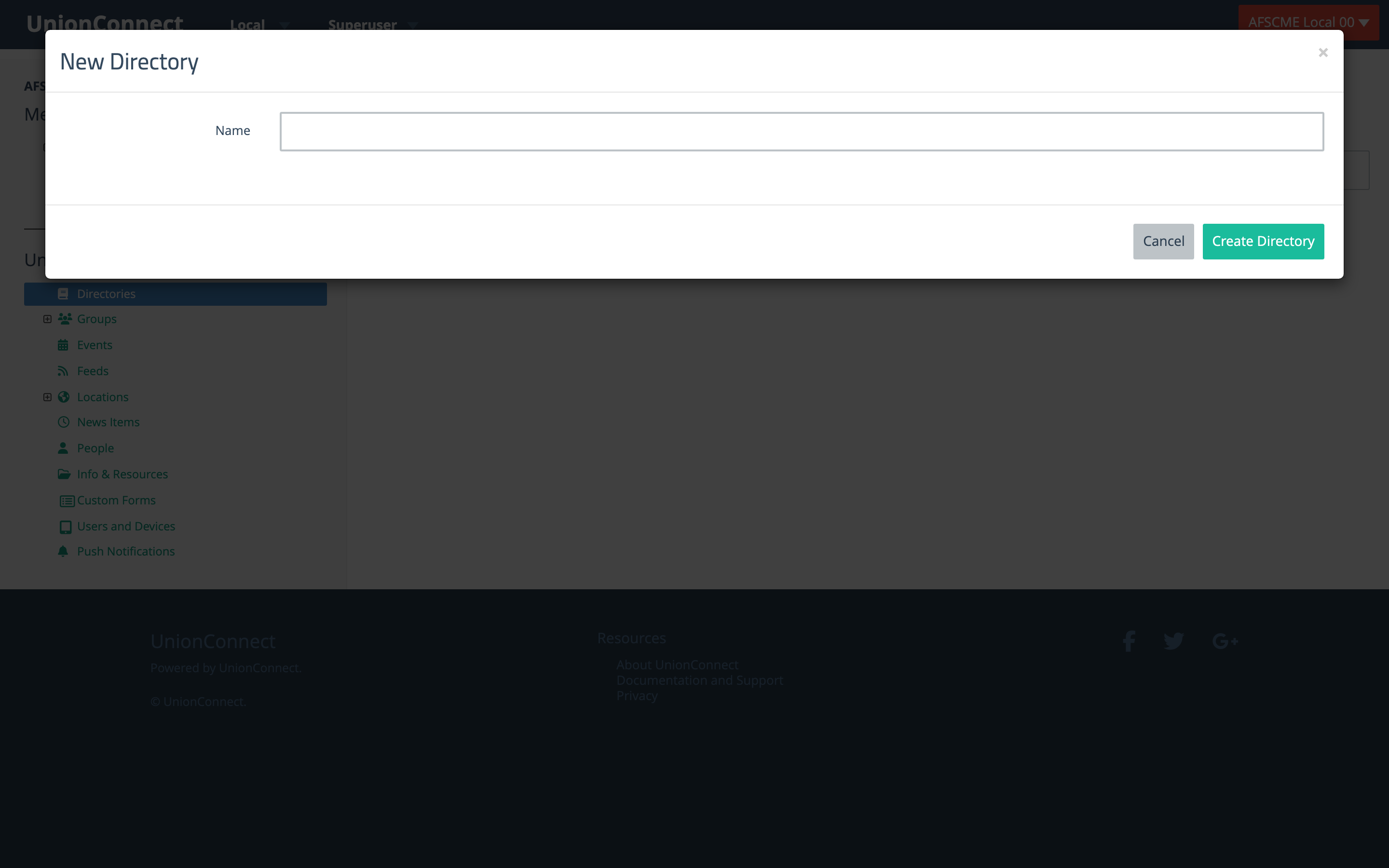 The New Directory modal showing a Name field, Cancel and Create Directory buttons