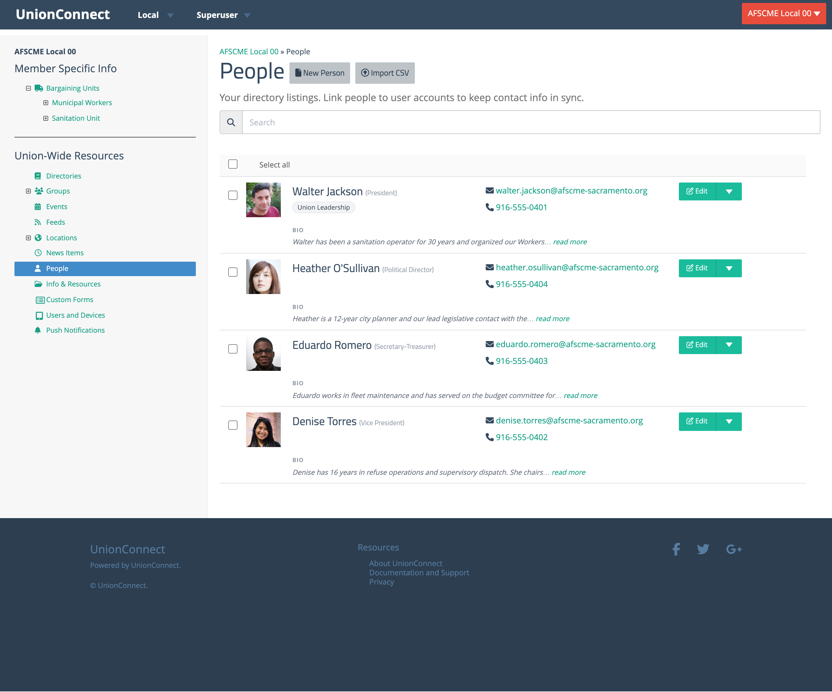 The People page with the New Person button at the top, search box, and a list of people