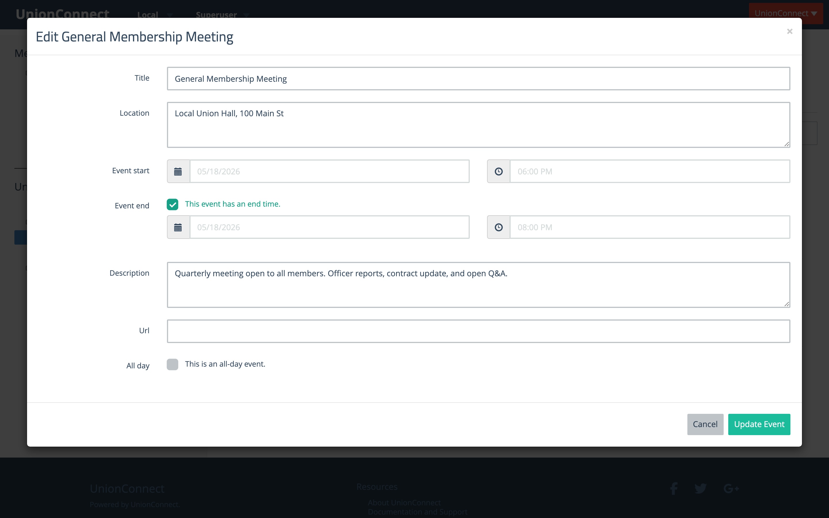 Edit Event modal for a single event, with the same fields as the New Event form