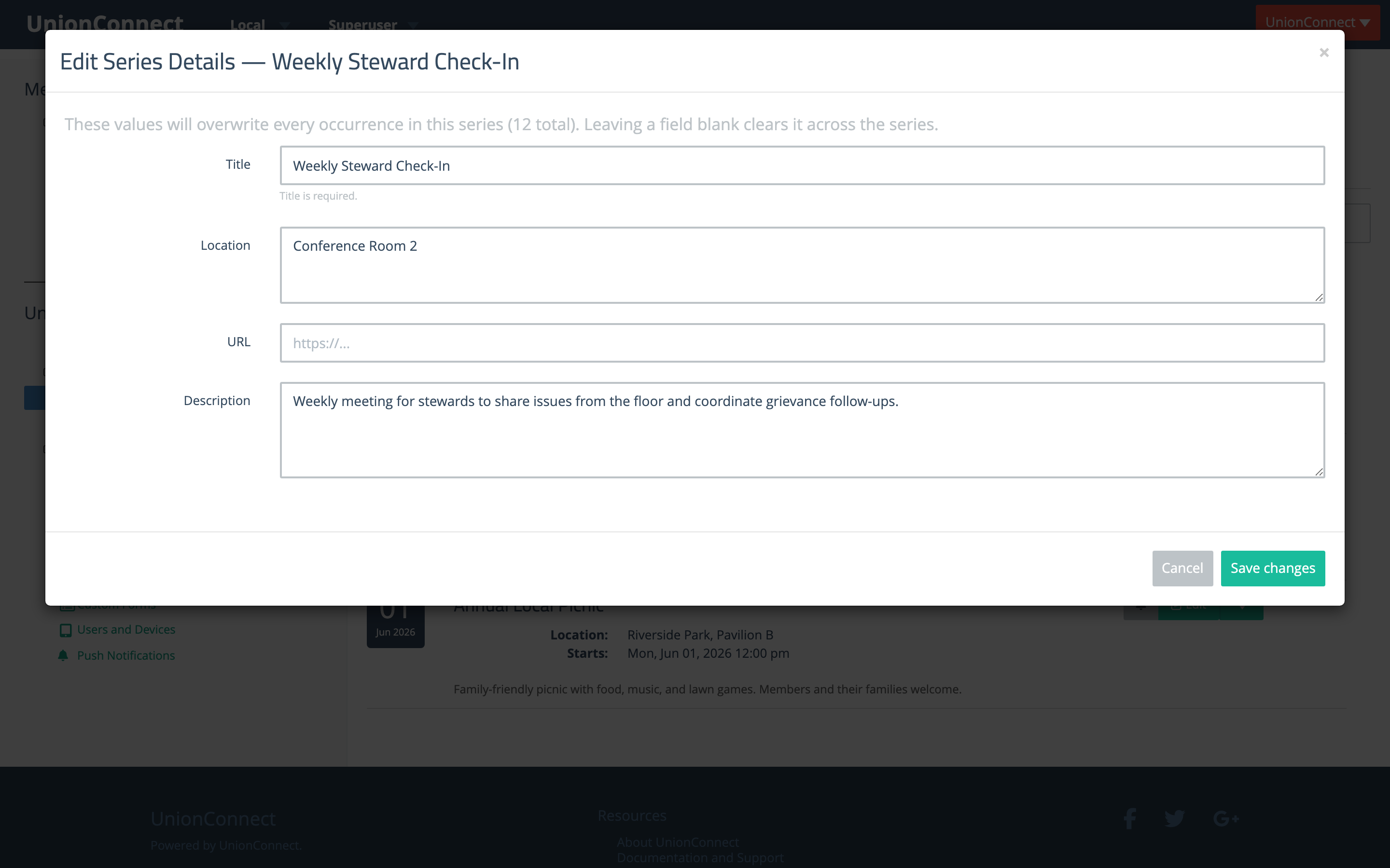 Edit Series Details modal with Title, Location, URL, and Description fields applied to every occurrence in the series