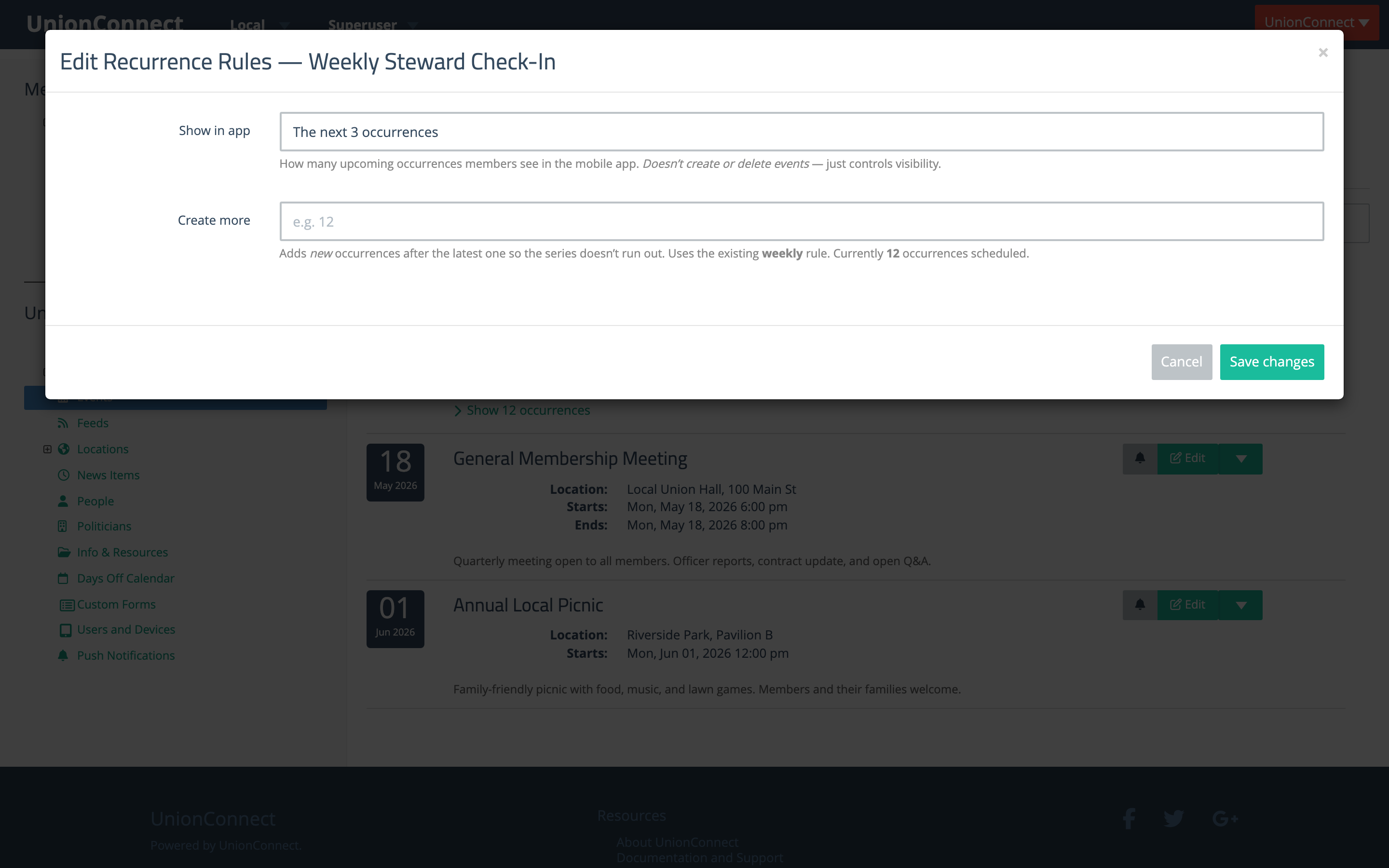Edit Recurrence Rules modal with Frequency, day selection, Show in app, How many to create, and series start date and time