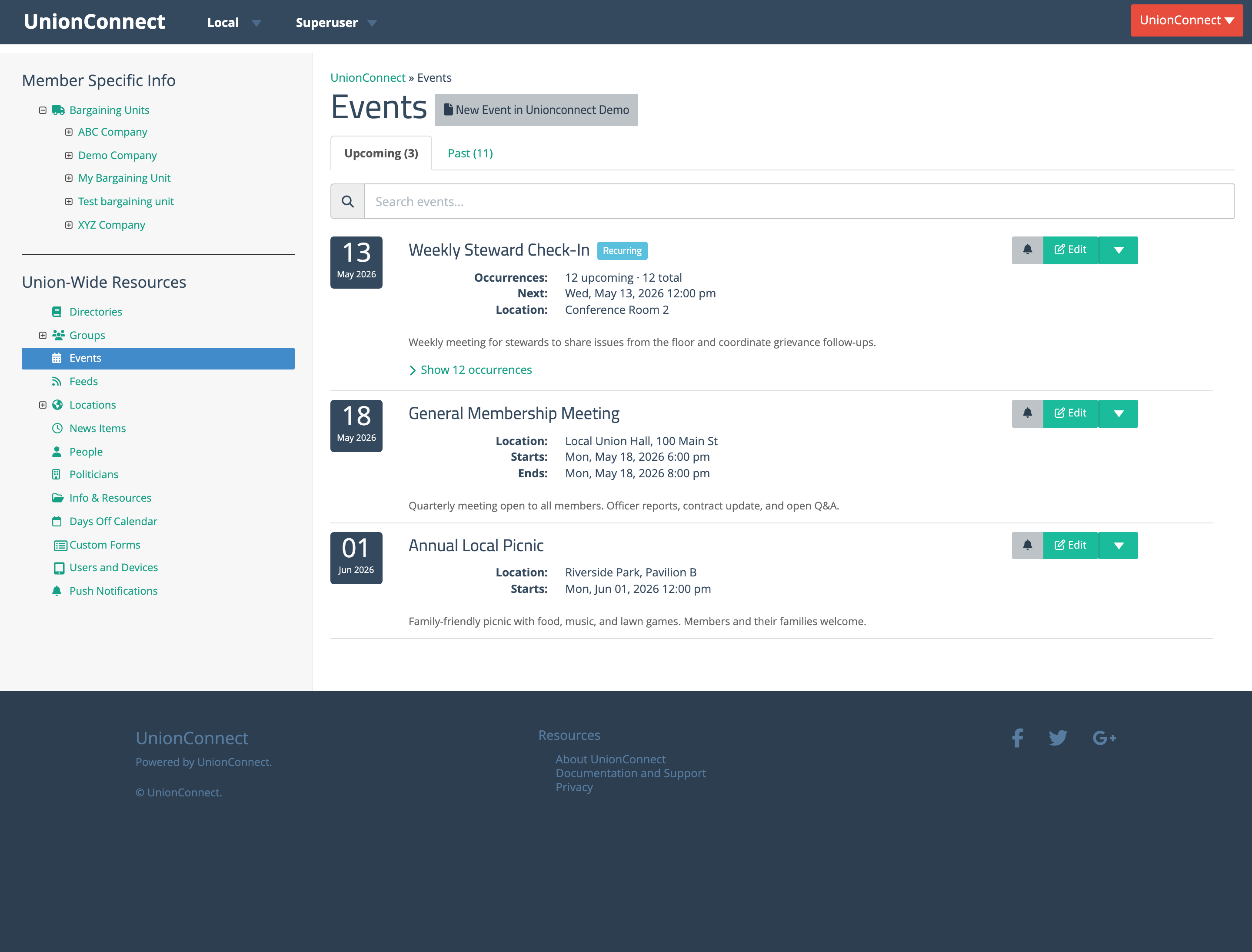 Events page with Upcoming and Past tabs, search box, and a list of events