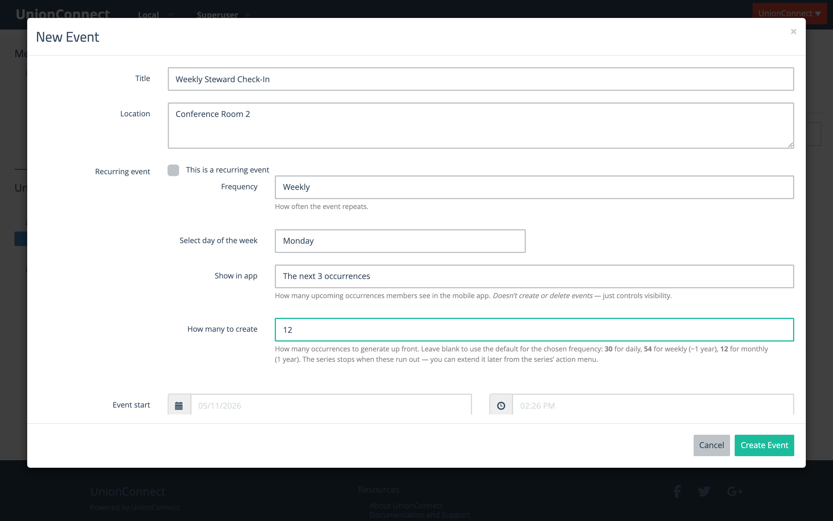 New Event modal with the recurring event option checked, showing Frequency, Select day of the week, Show in app, and How many to create fields
