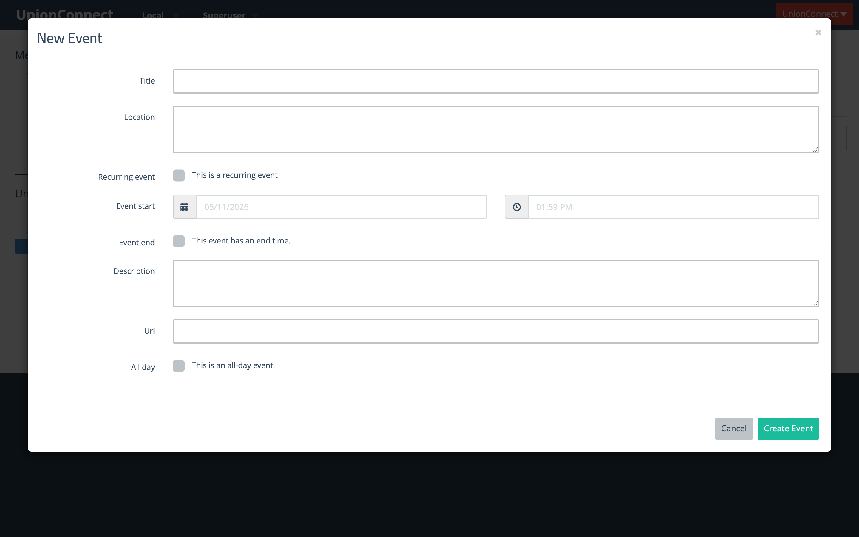 New Event modal with fields for Title, Location, Recurring event, Event start, Event end, Description, URL, and All day