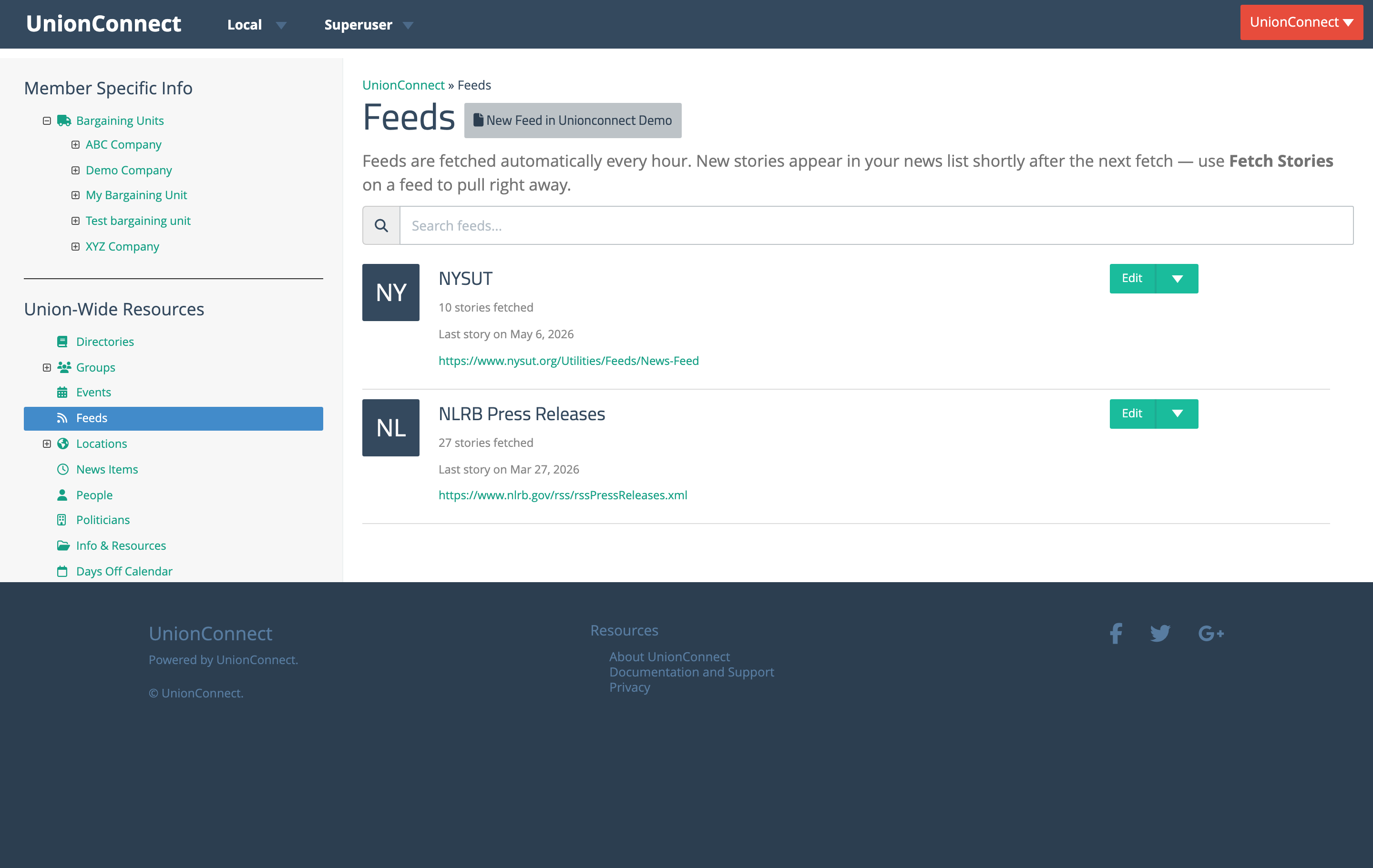 Feeds page showing per-feed story counts, last-fetched dates, source URLs, and a search box