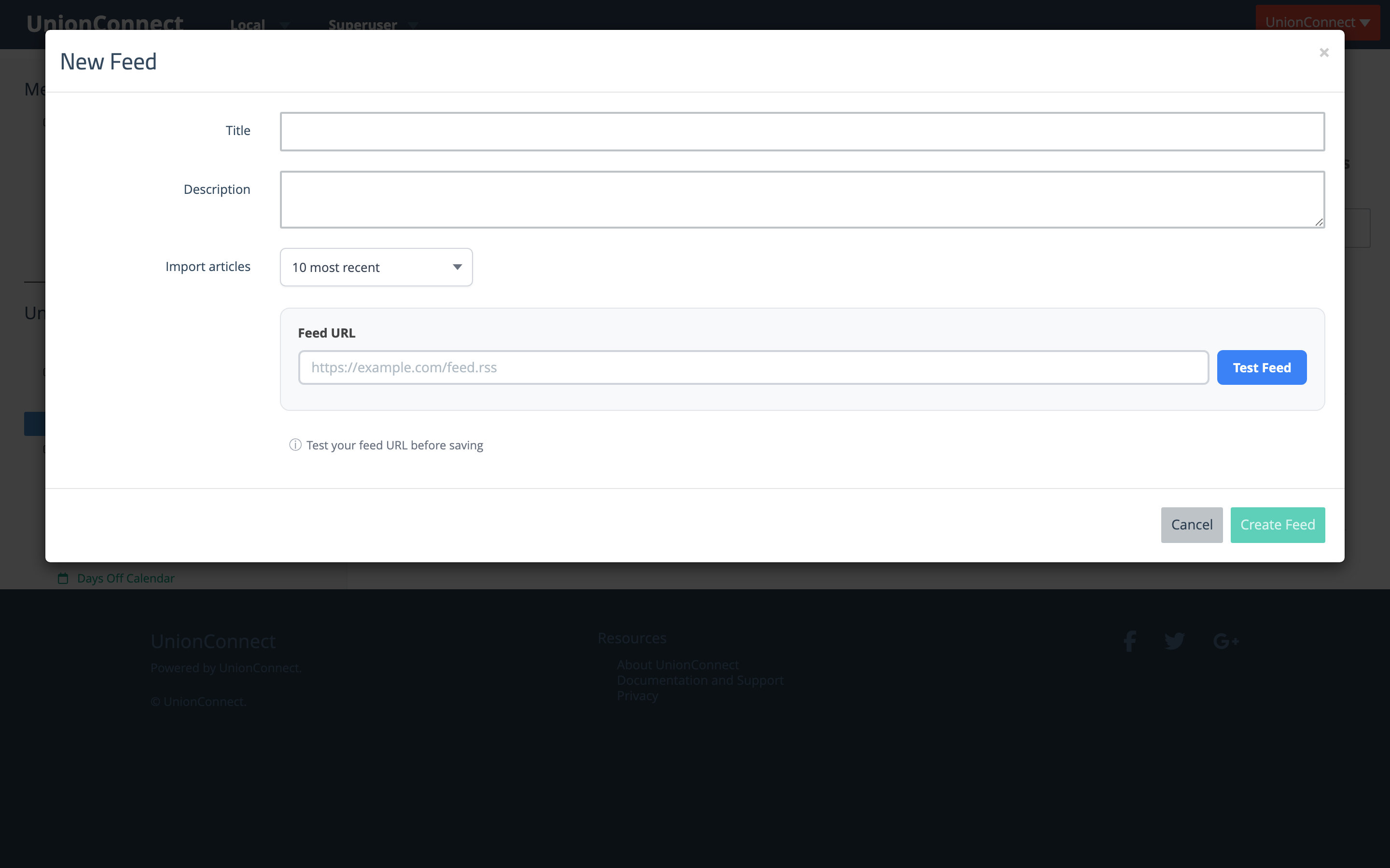 New Feed modal with Title, Description, Import articles dropdown, Feed URL field and Test Feed button