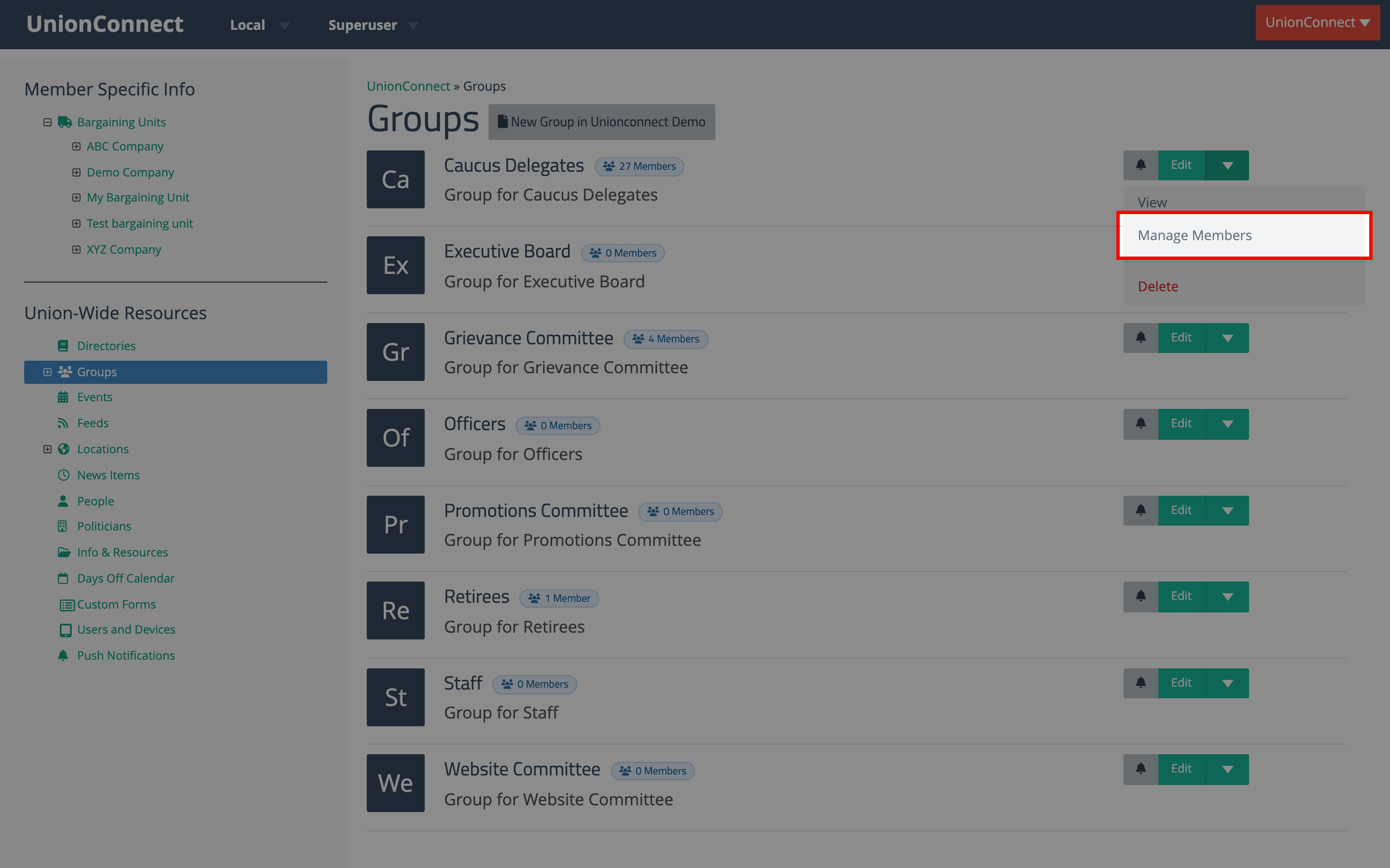 Group row with the Manage Members action highlighted in the dropdown menu