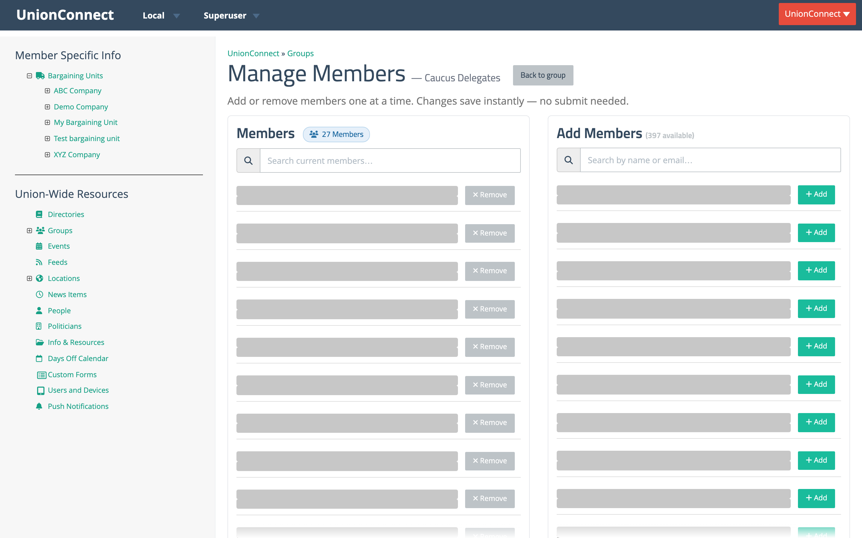 Manage Members page with Members pane on the left and Add Members pane on the right