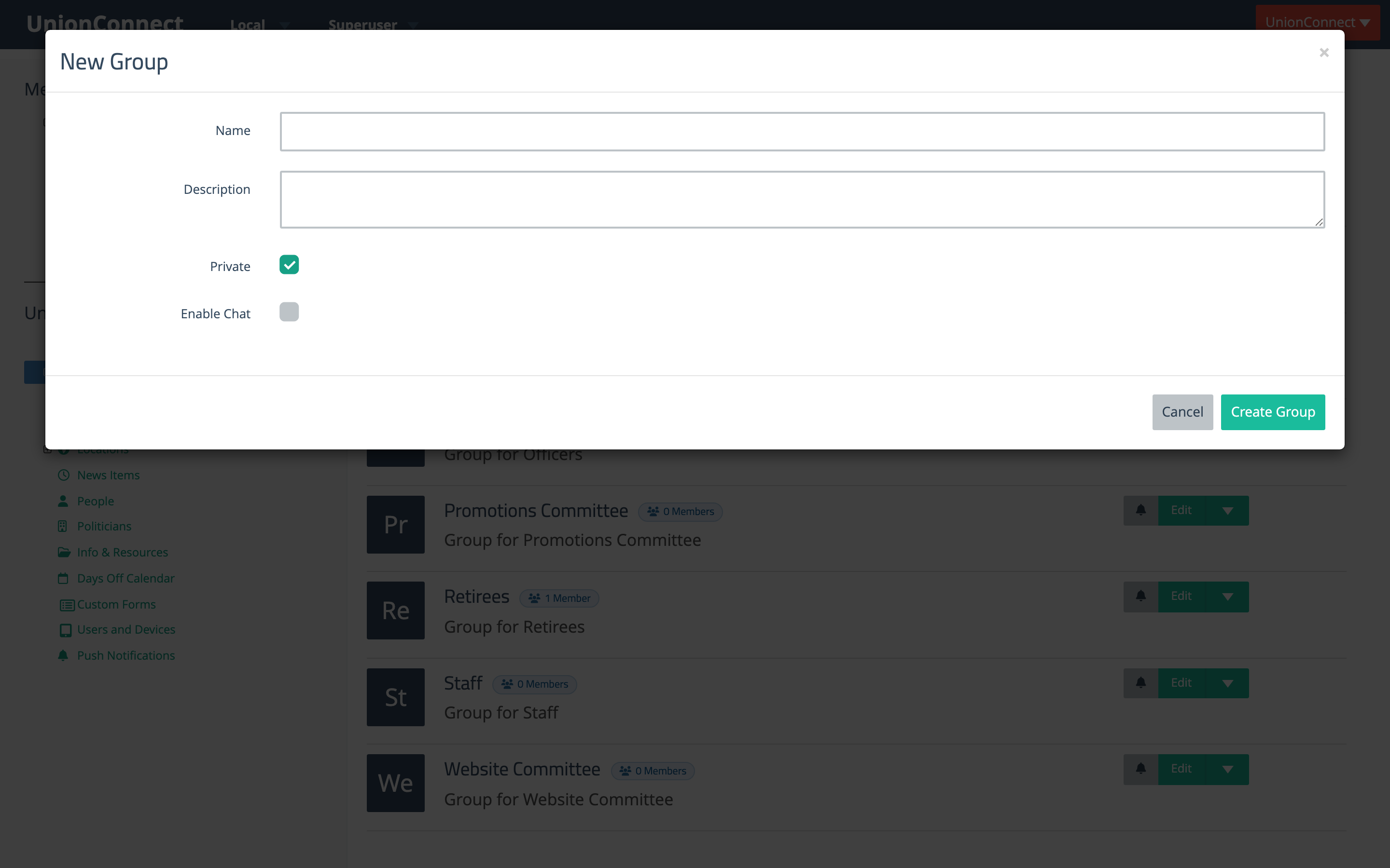 The New Group modal showing Name, Description, Private, and Enable Chat fields